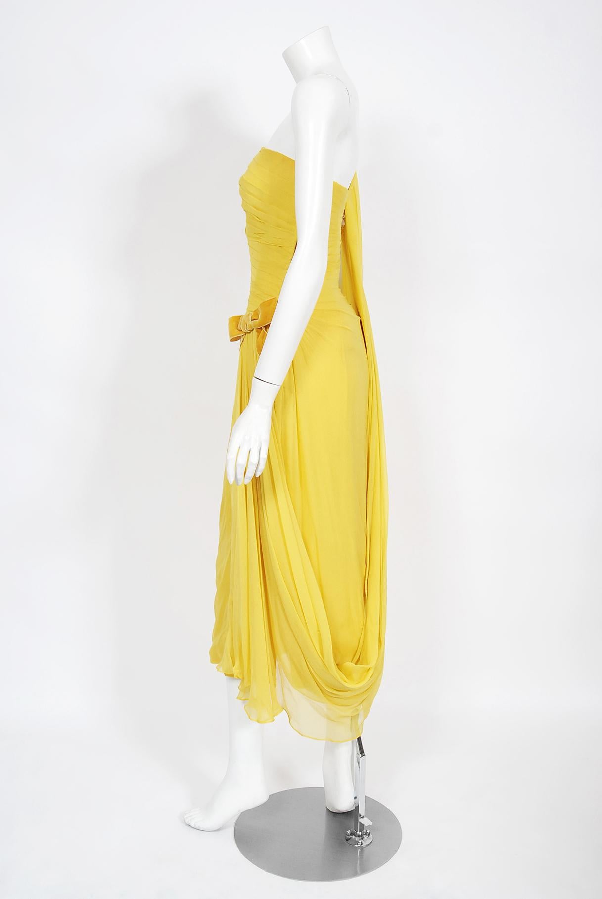 Vintage 1950's Philip Hulitar Yellow Pleated Silk Chiffon Draped Hourglass Dress For Sale 4