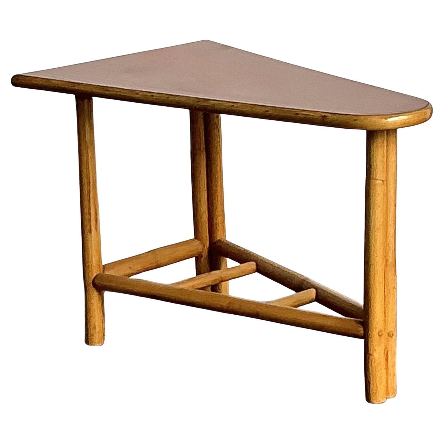 Vintage 1950s Pie Slice Rattan Side Table For Sale