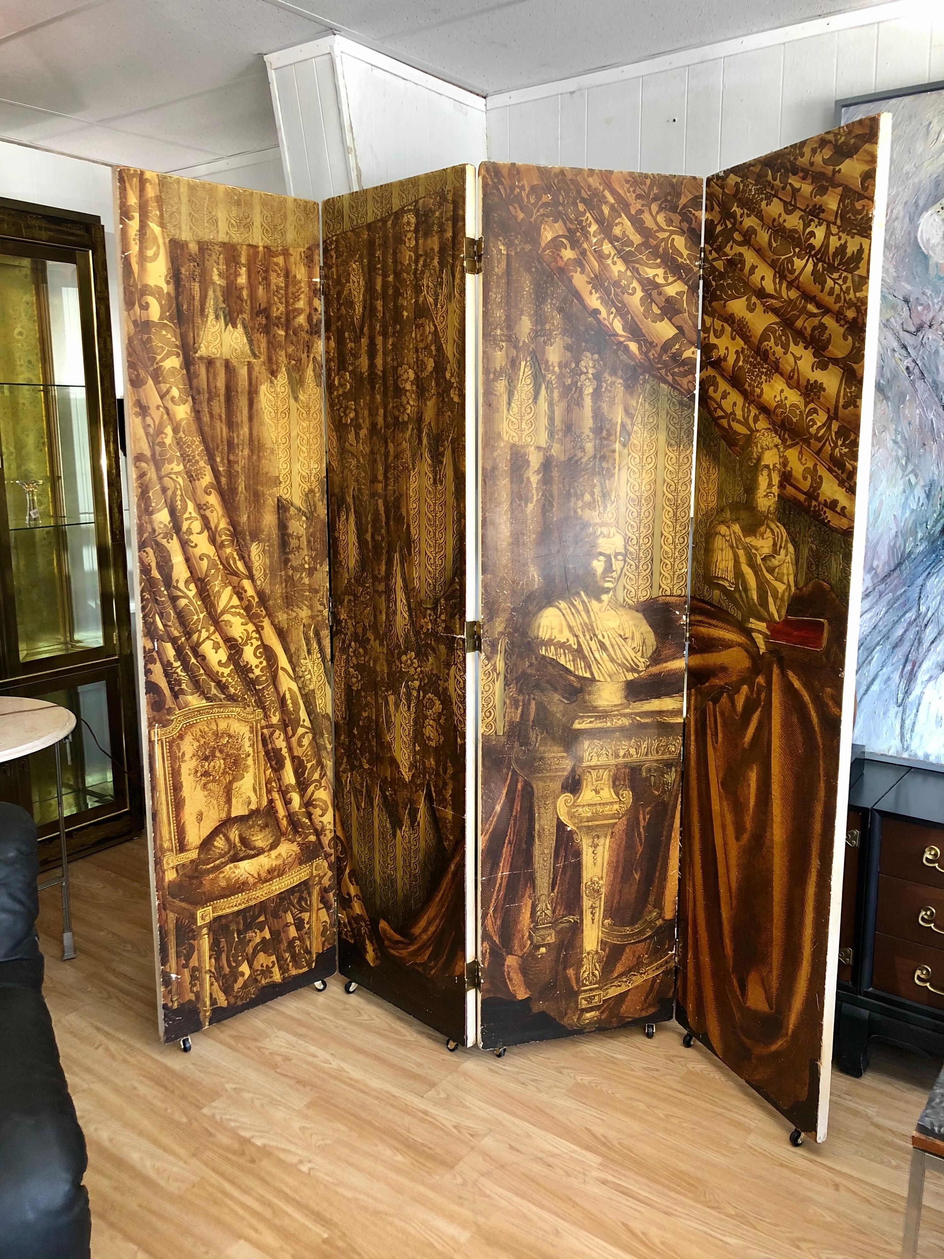 Mid-Century Modern Vintage 1950s Piero Fornasetti Library Room Scene Four Panel Folding Screen