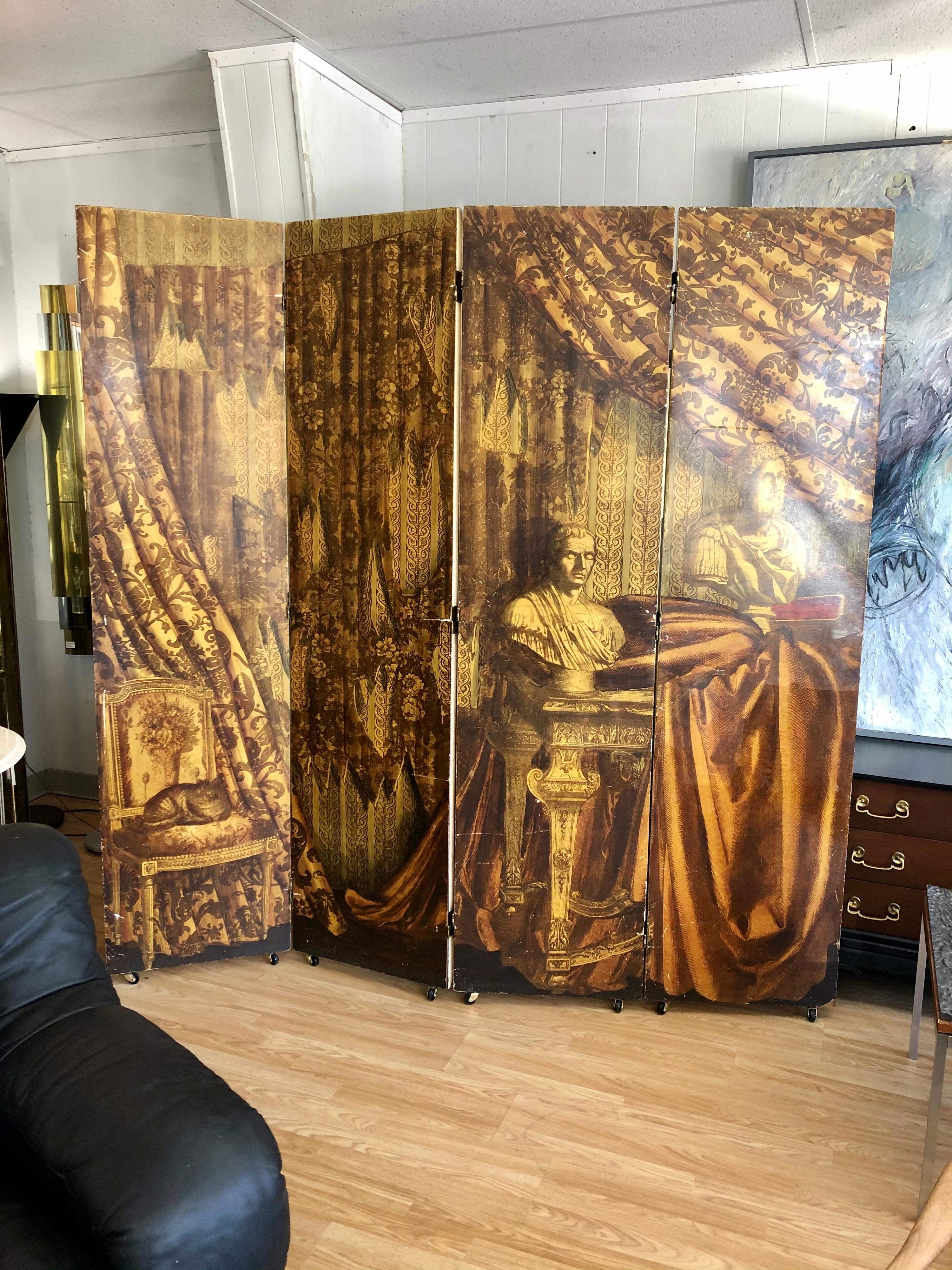 Italian Vintage 1950s Piero Fornasetti Library Room Scene Four Panel Folding Screen