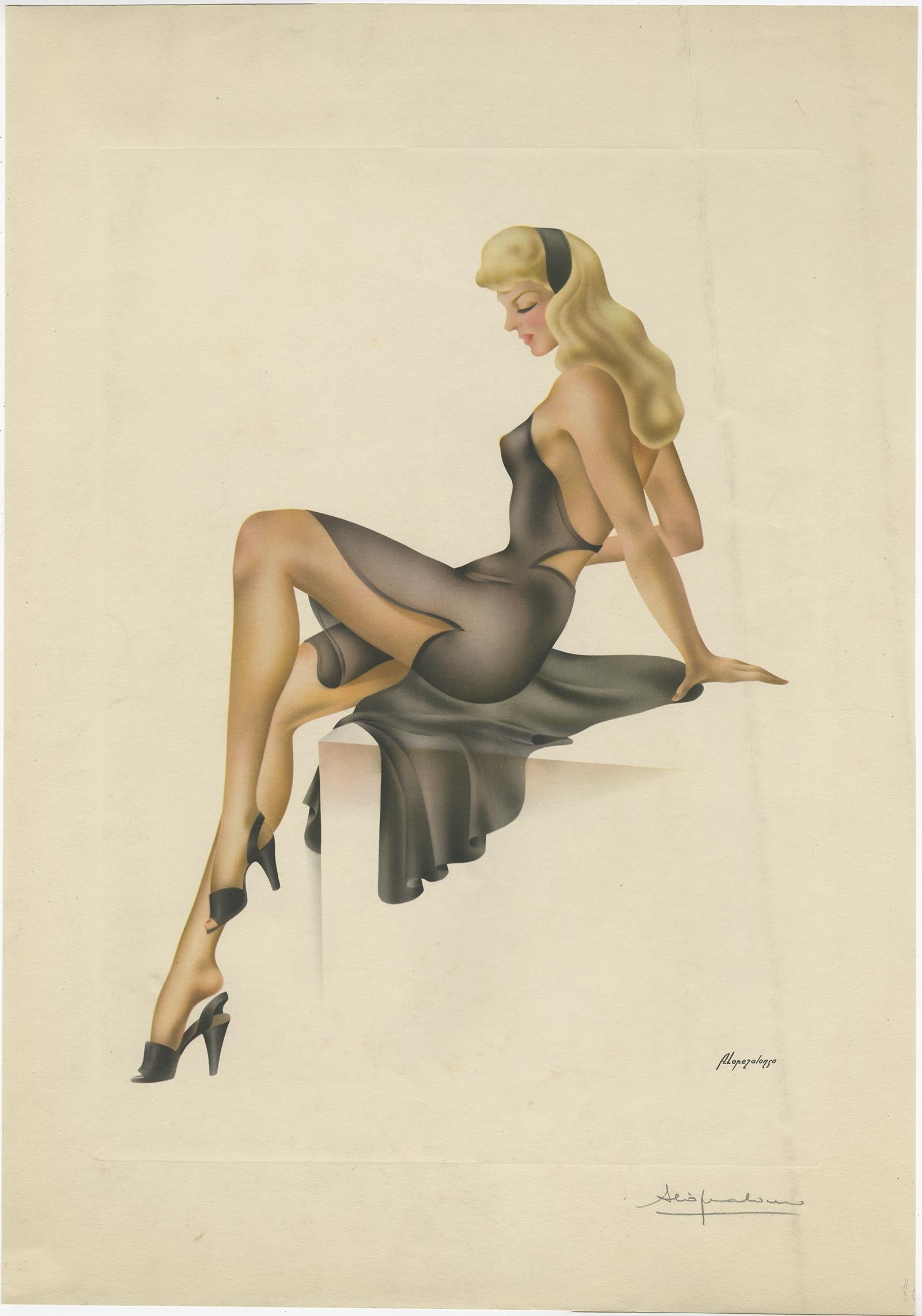 Vintage 1950s Pin-Up Lithographs, Glamour Girls Triptych by A Lopez Alonso