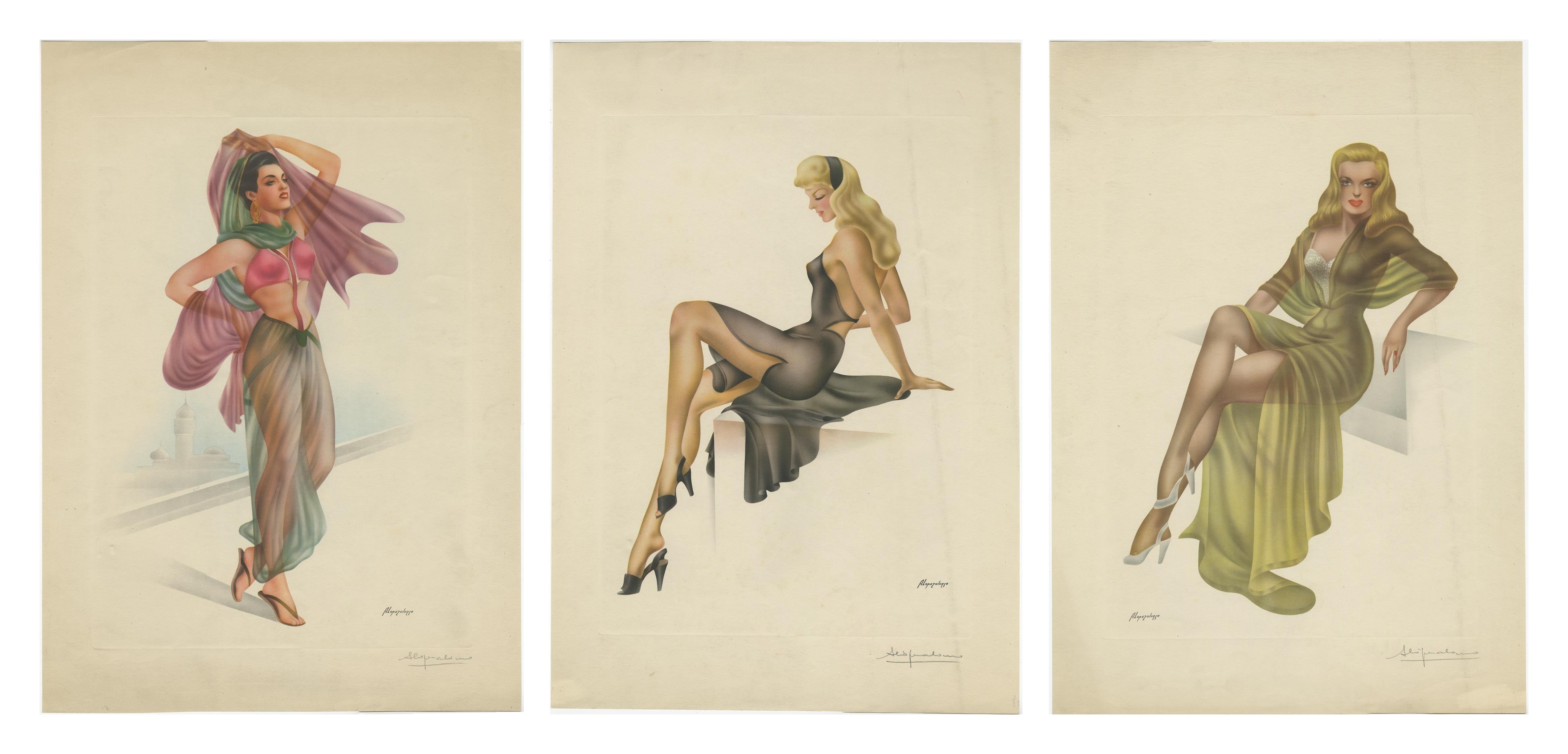 Vintage 1950s Pin-Up Lithographs, Glamour Girls Triptych by A Lopez Alonso