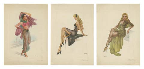 Vintage 1950s Pin-Up Lithographs, Glamour Girls Triptych by A Lopez Alonso