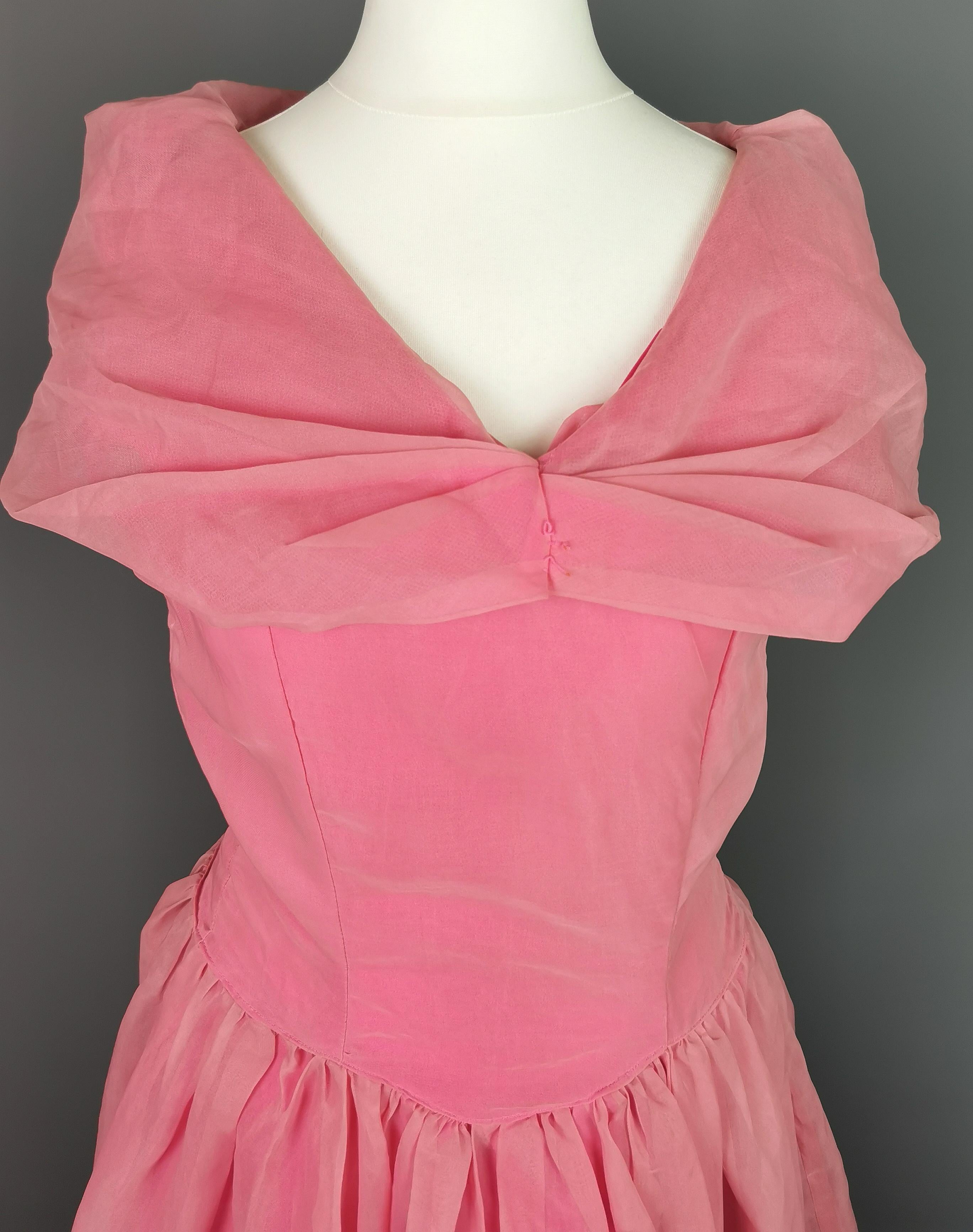 Vintage 1950s pink chiffon organza party dress, prom style  For Sale 1