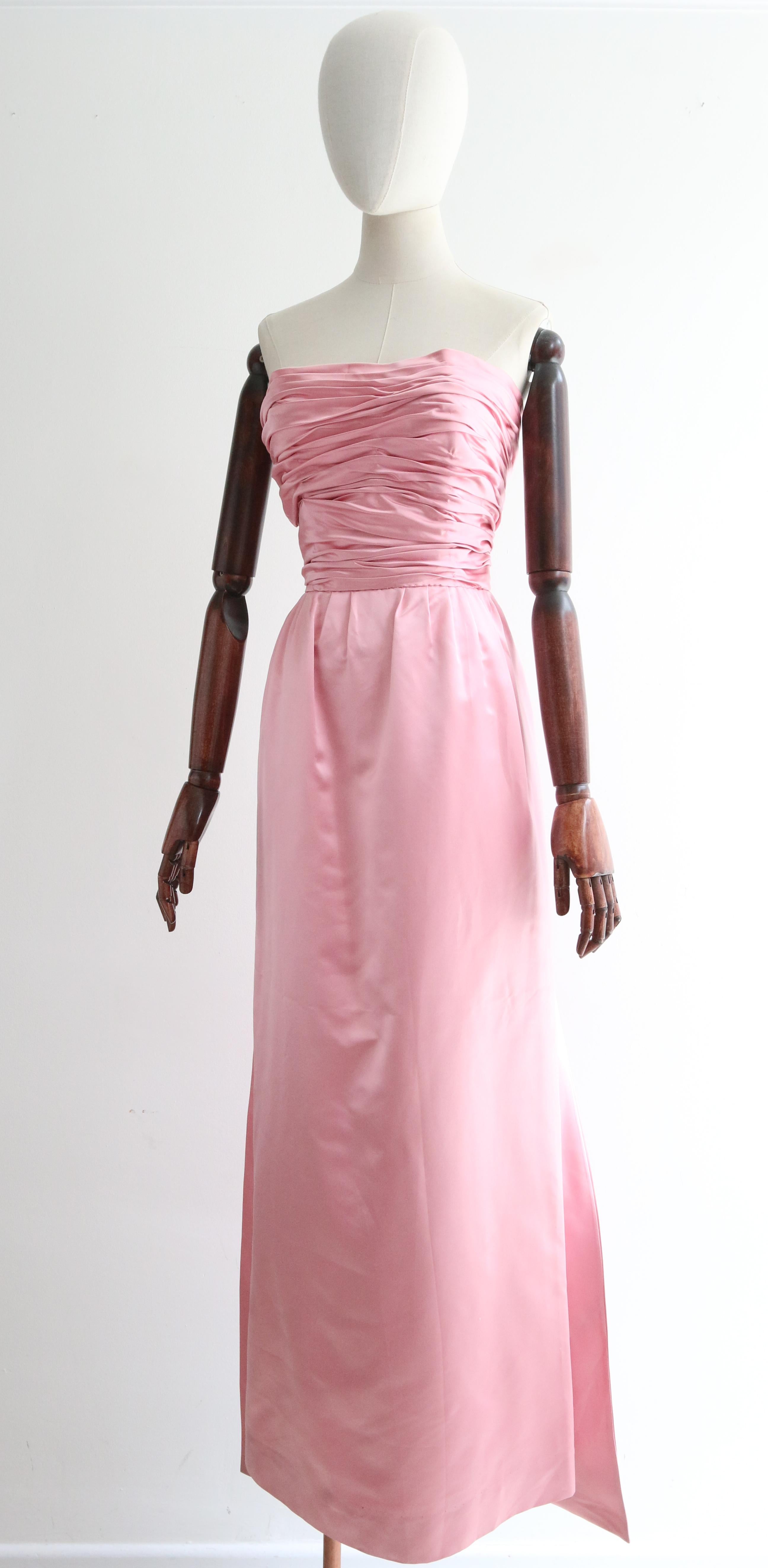 Beige Vintage 1950's Pink Duchess Satin Gown UK 6-8 US 2-4