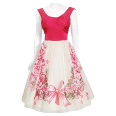 Vintage 1950's Pink Floral Bow Print Silk Ruched Jersey Dress Owned by Yma Sumac