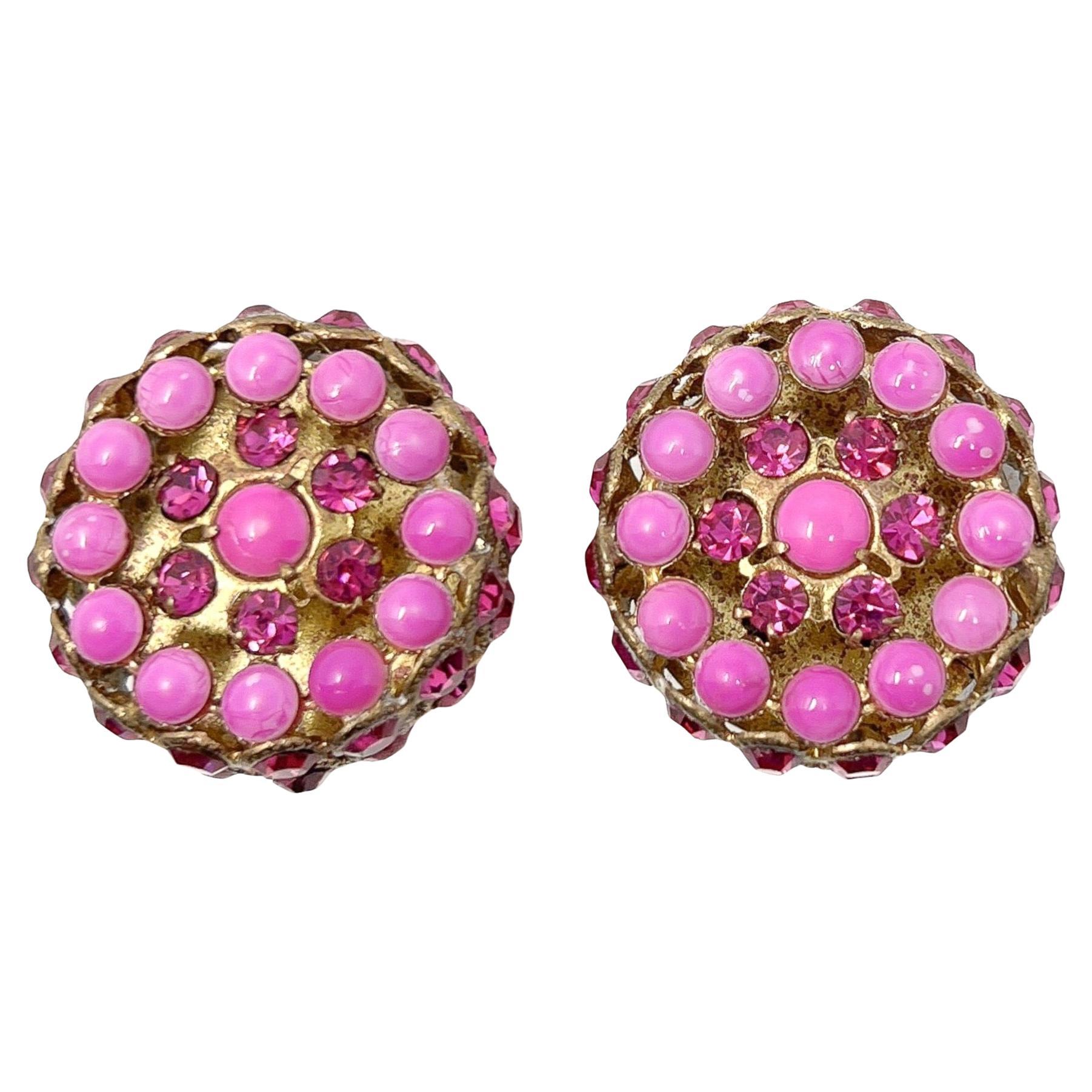 Pendientes vintage de cristal rosa y brillantes de los años 50 en venta