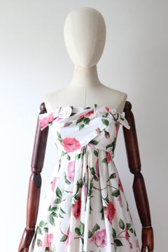Vintage 1950's Pink Rose Print Strapless Dress Bow Front Polly Peck UK 8 US 4