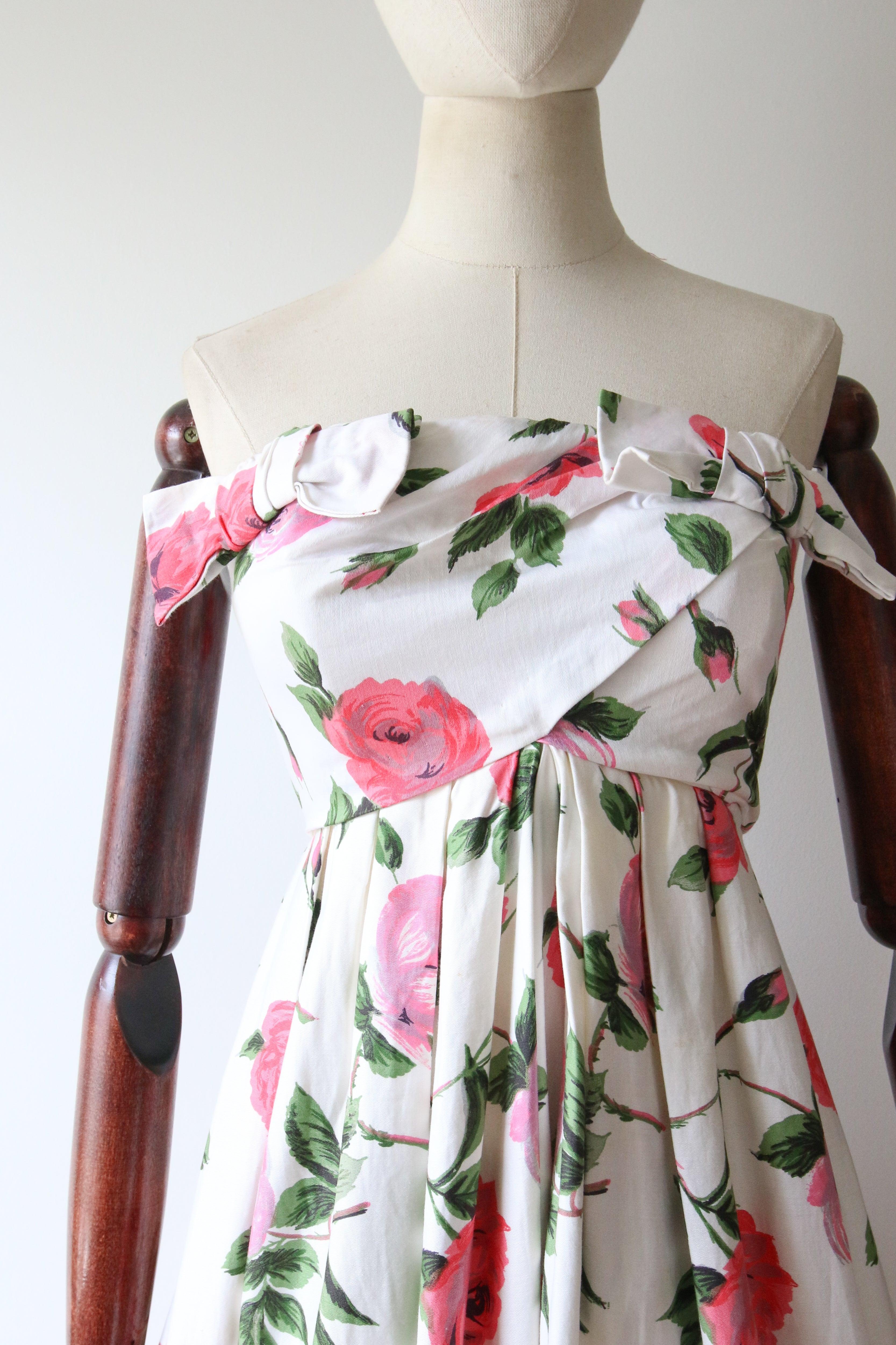 Gray Vintage 1950's Pink Rose Print Strapless Dress Bow Front Polly Peck UK 8 US 4 For Sale