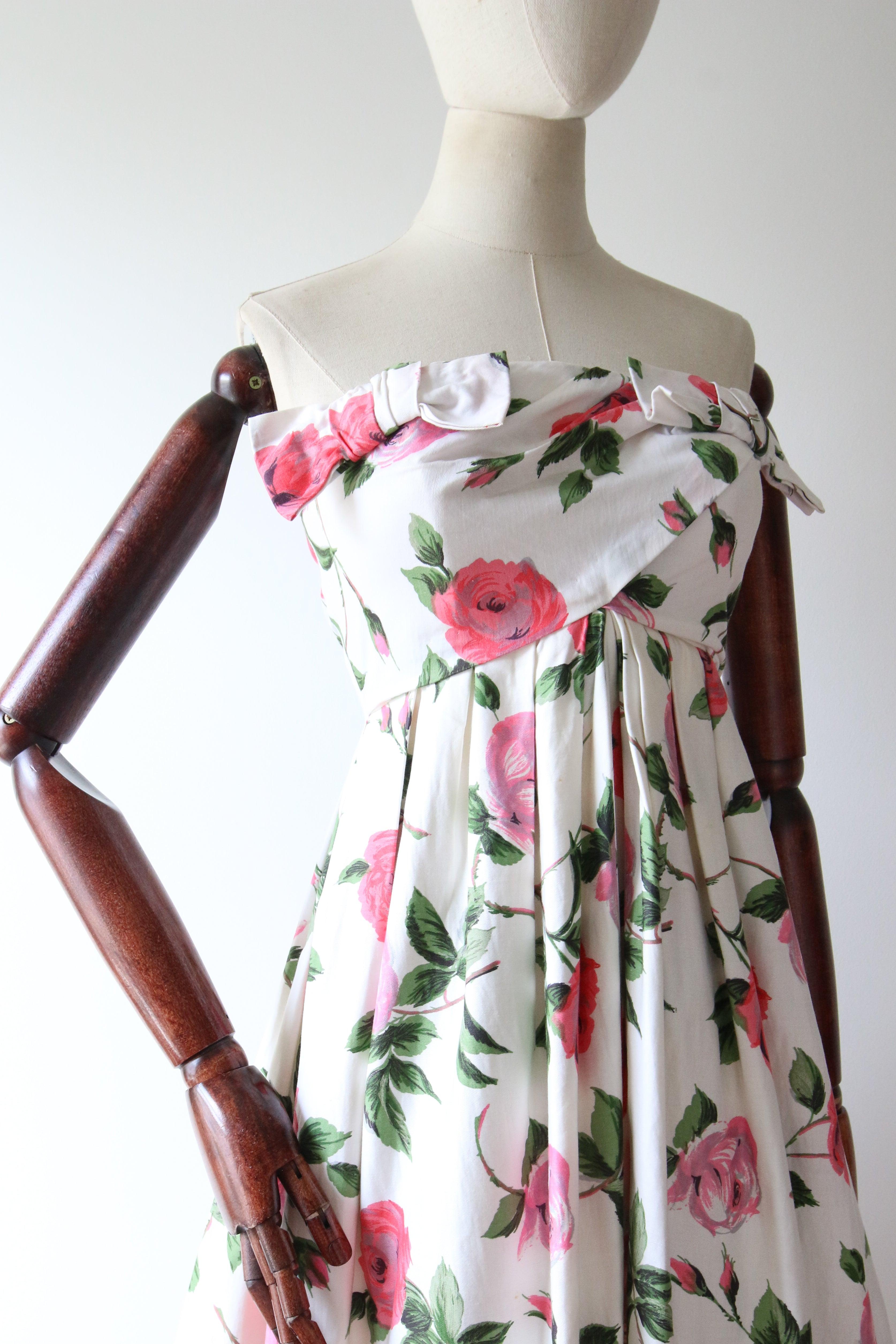 Women's Vintage 1950's Pink Rose Print Strapless Dress Bow Front Polly Peck UK 8 US 4 For Sale