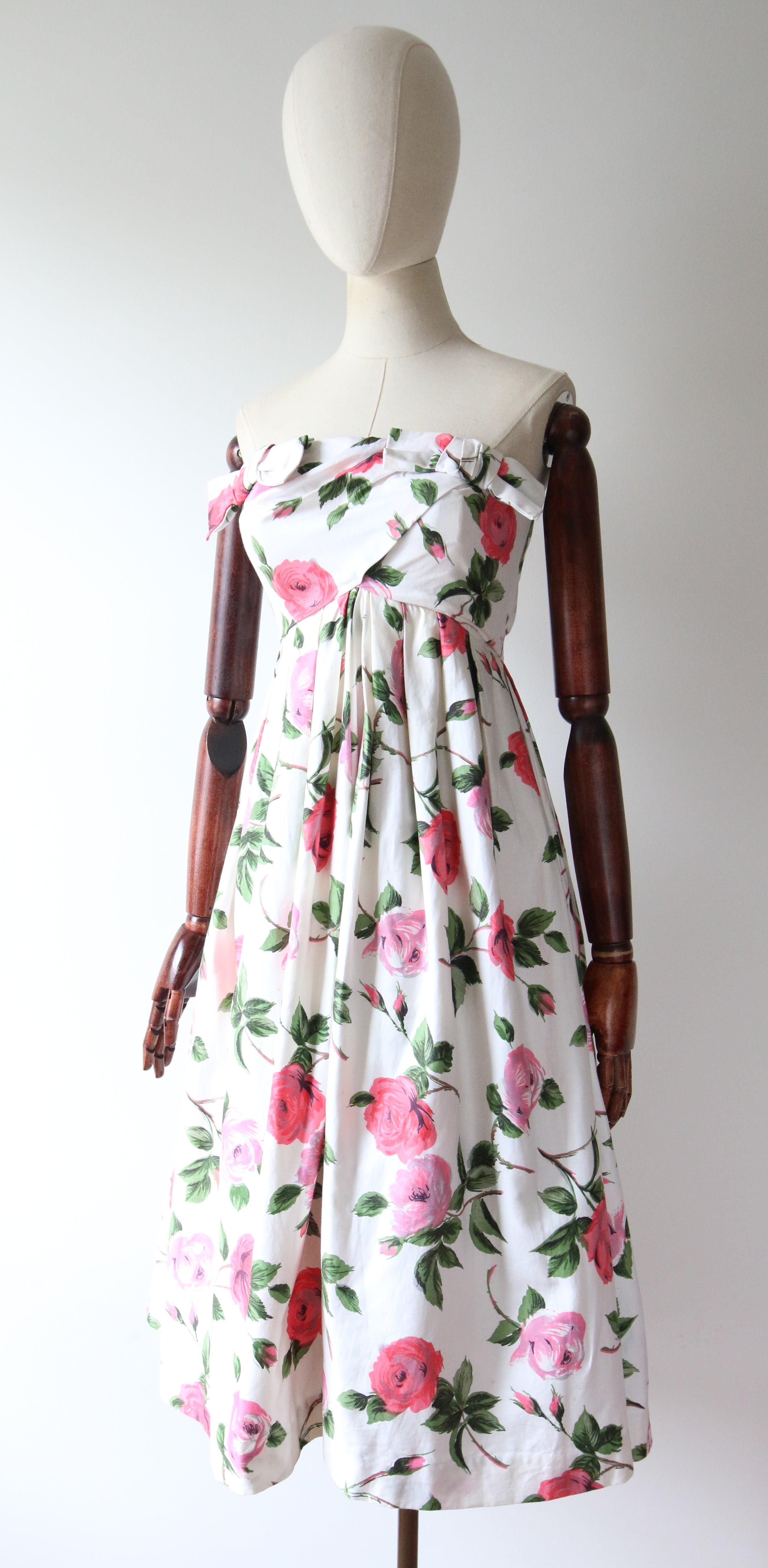Vintage 1950's Pink Rose Print Strapless Dress Bow Front Polly Peck UK 8 US 4 For Sale 1