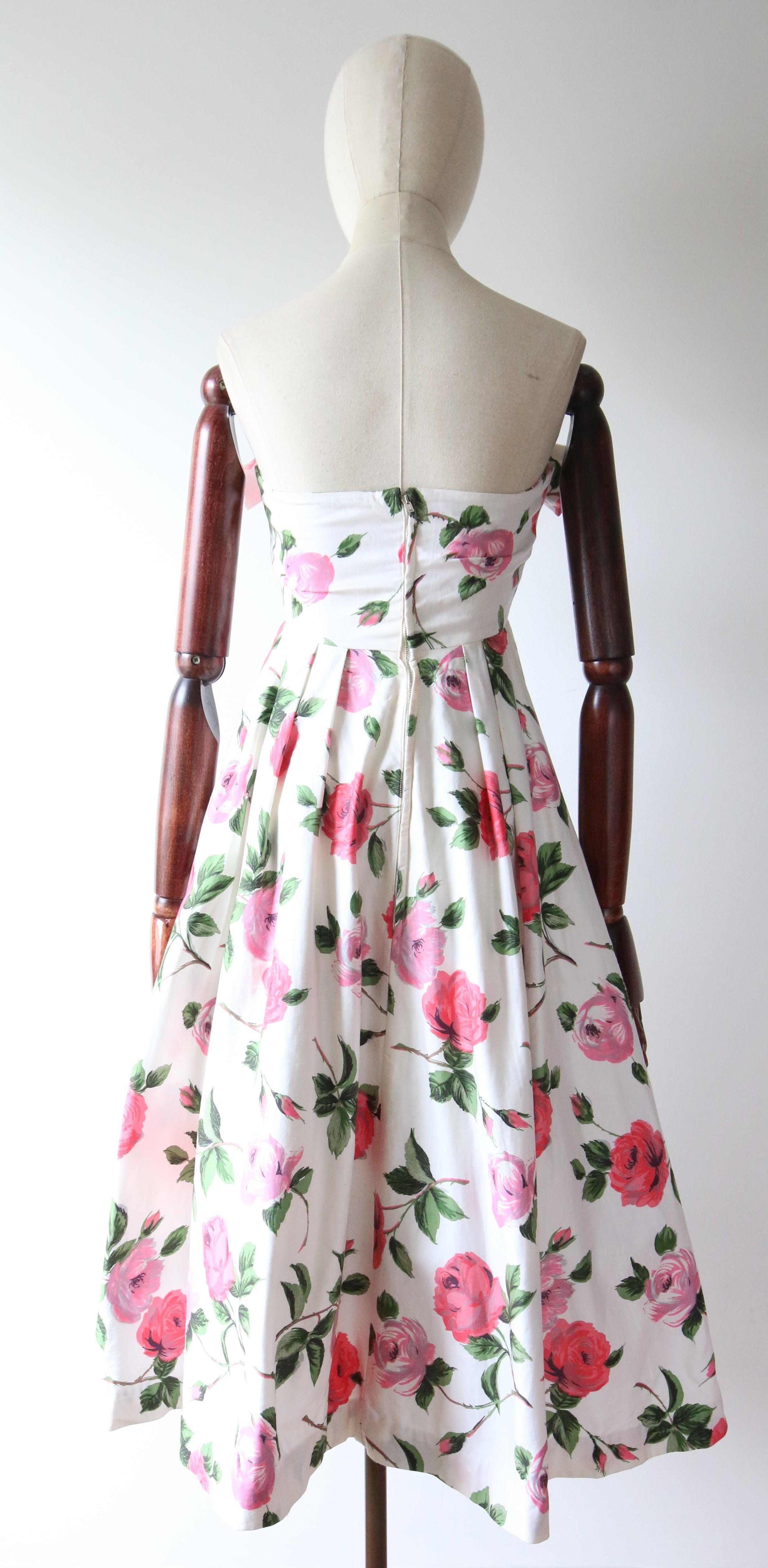 Vintage 1950's Pink Rose Print Strapless Dress Bow Front Polly Peck UK 8 US 4 For Sale 2