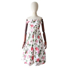 Vintage 1950's Pink Rose Print Strapless Dress Bow Front Polly Peck UK 8 US 4