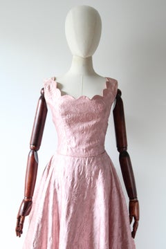 Vintage 1950's Pink Satin Embroidered Scalloped Tiered Tulle Dress UK 6-8 US 2-4