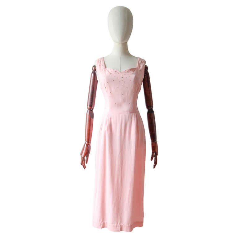 Scattered Rhinestones Vintage 1950's Pink Cotton Rhinestone Embellished Dress UK 12 US 8