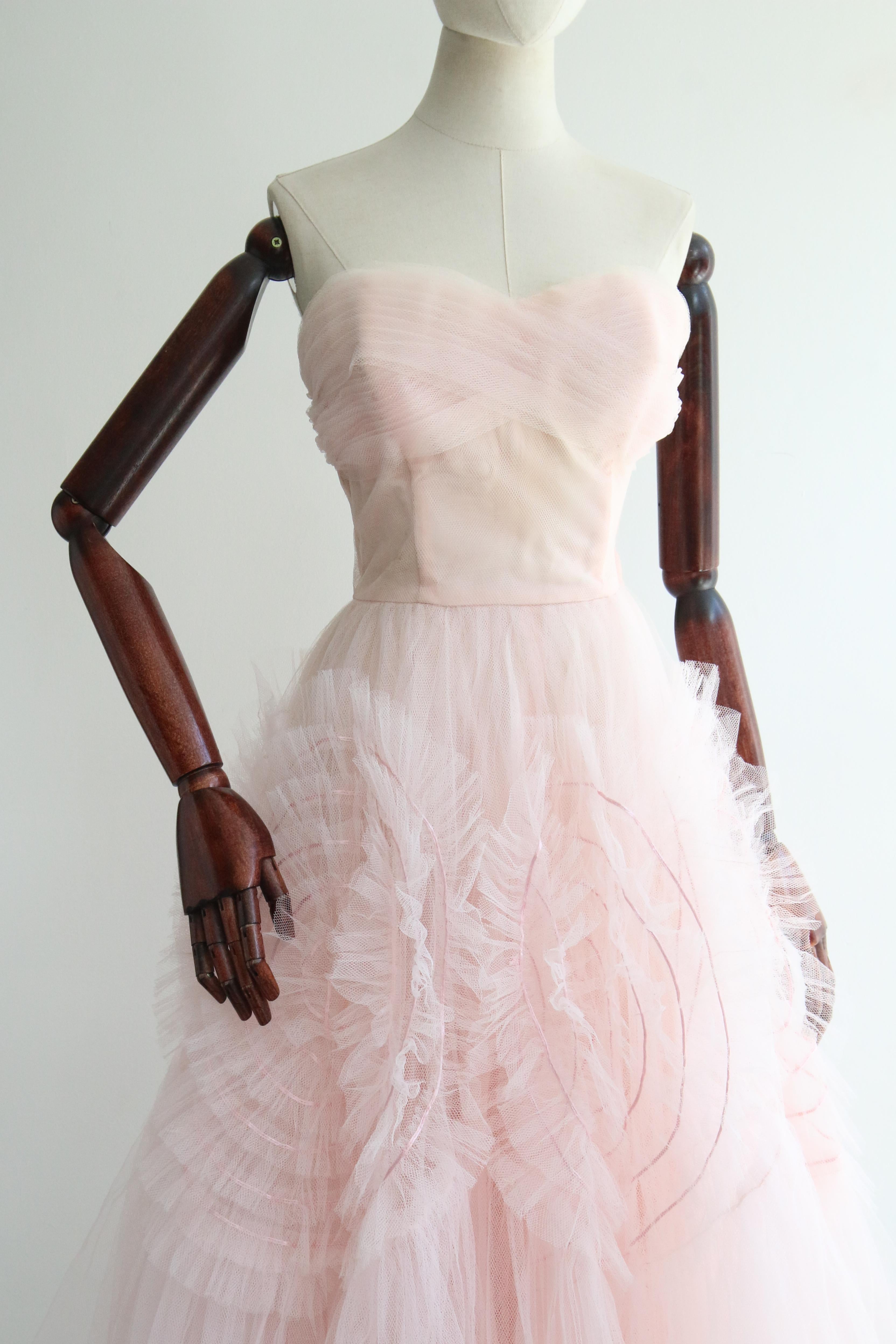 Women's Vintage 1950's Pink Swirling Satin & Tulle Dress UK 6 US 2 For Sale