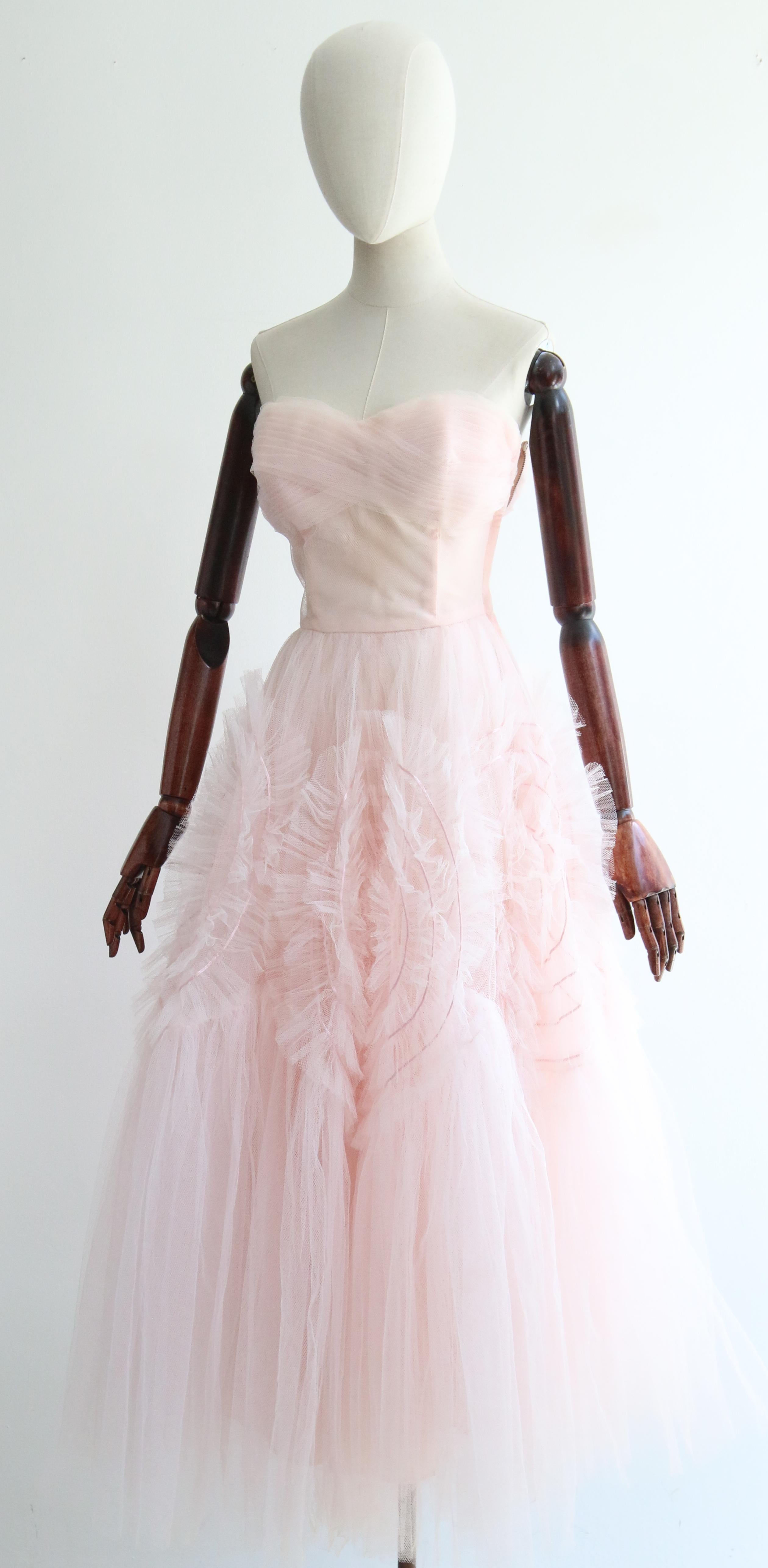 Vintage 1950's Pink Swirling Satin & Tulle Dress UK 6 US 2 For Sale 3