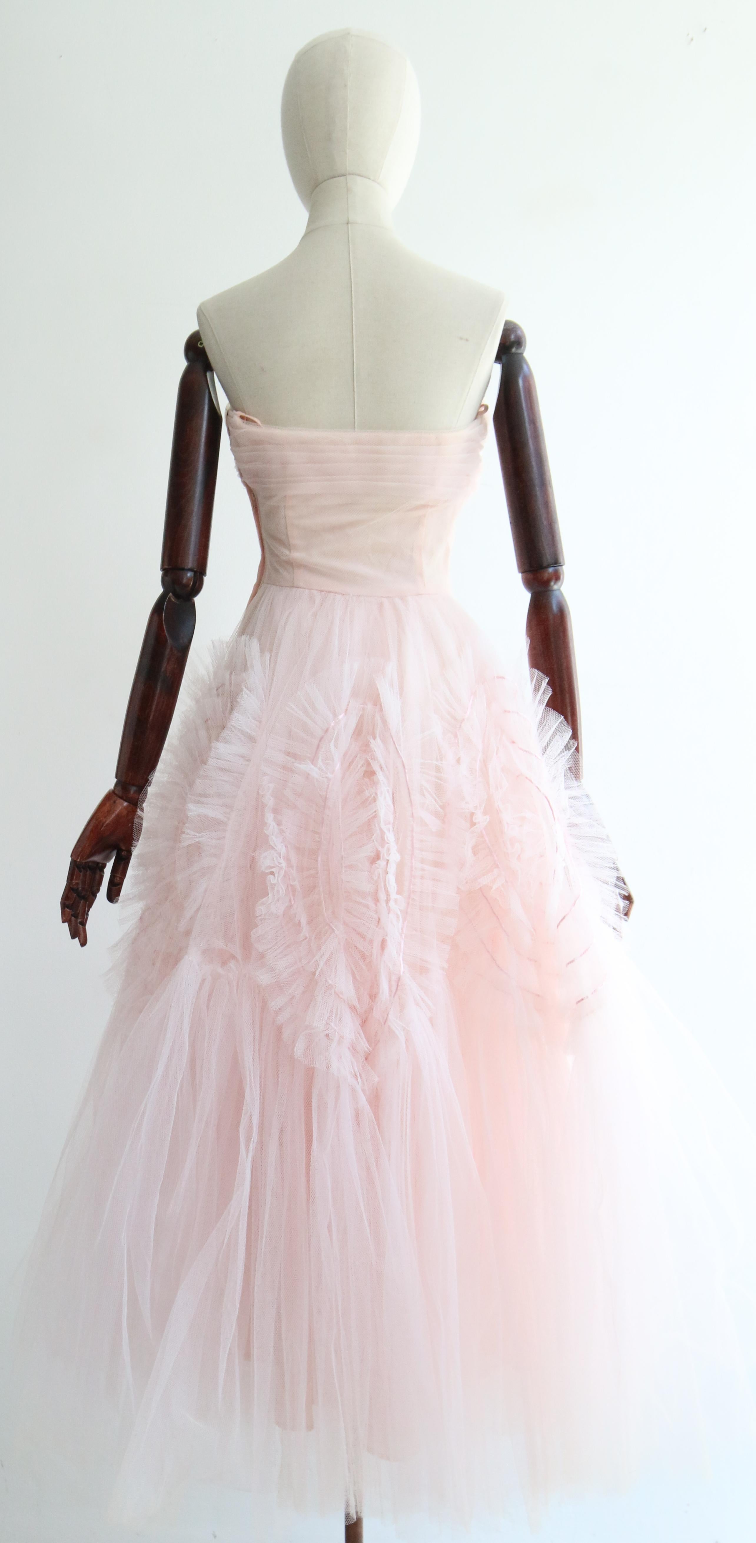 Vintage 1950's Pink Swirling Satin & Tulle Dress UK 6 US 2 For Sale 4