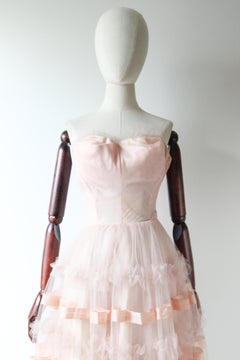 Vintage 1950's Pink Tulle Strapless Dress Satin Ribbon Pink Dress UK 6 US 2