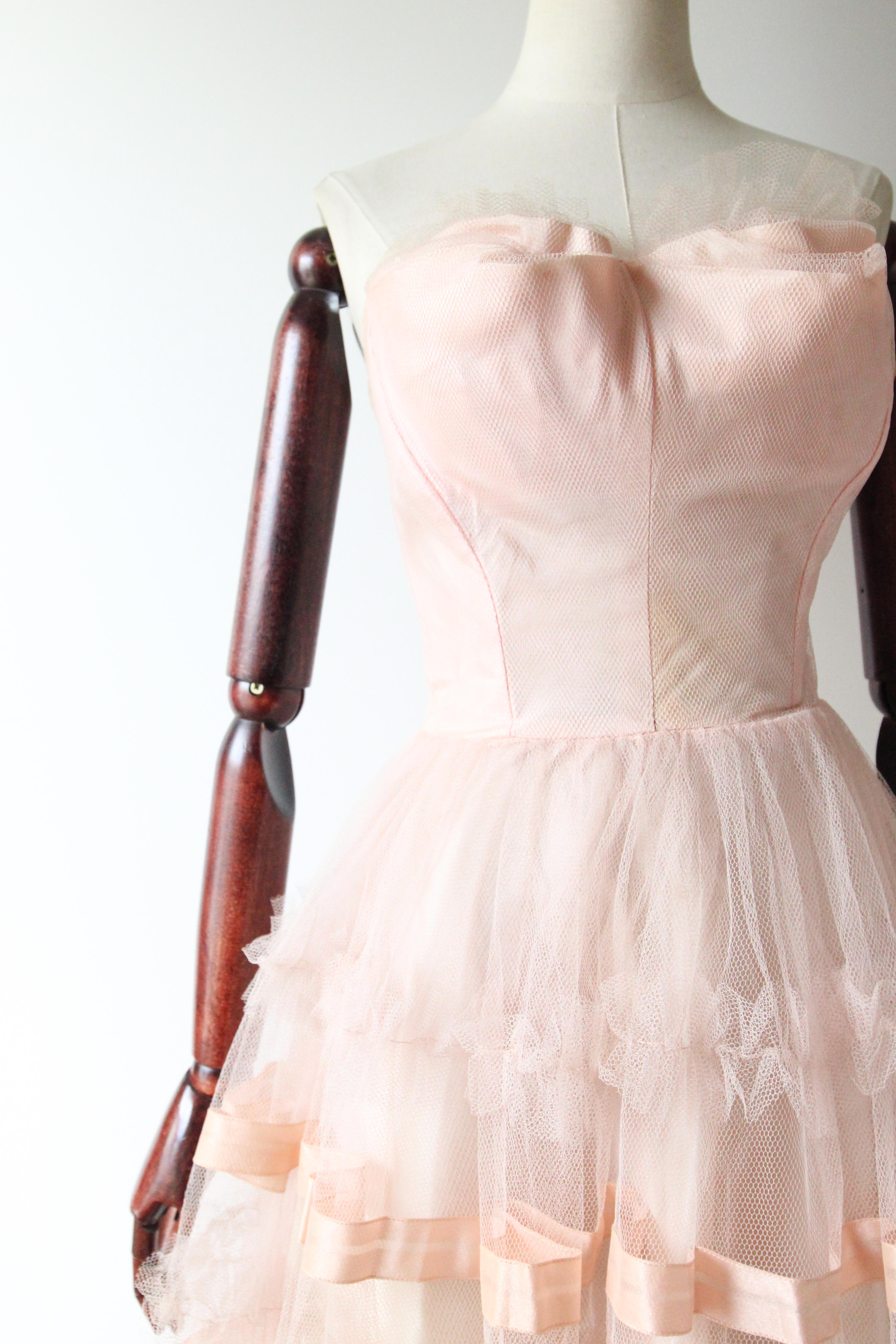 Beige Vintage 1950's Pink Tulle Strapless Dress Satin Ribbon Pink Dress UK 6 US 2 For Sale