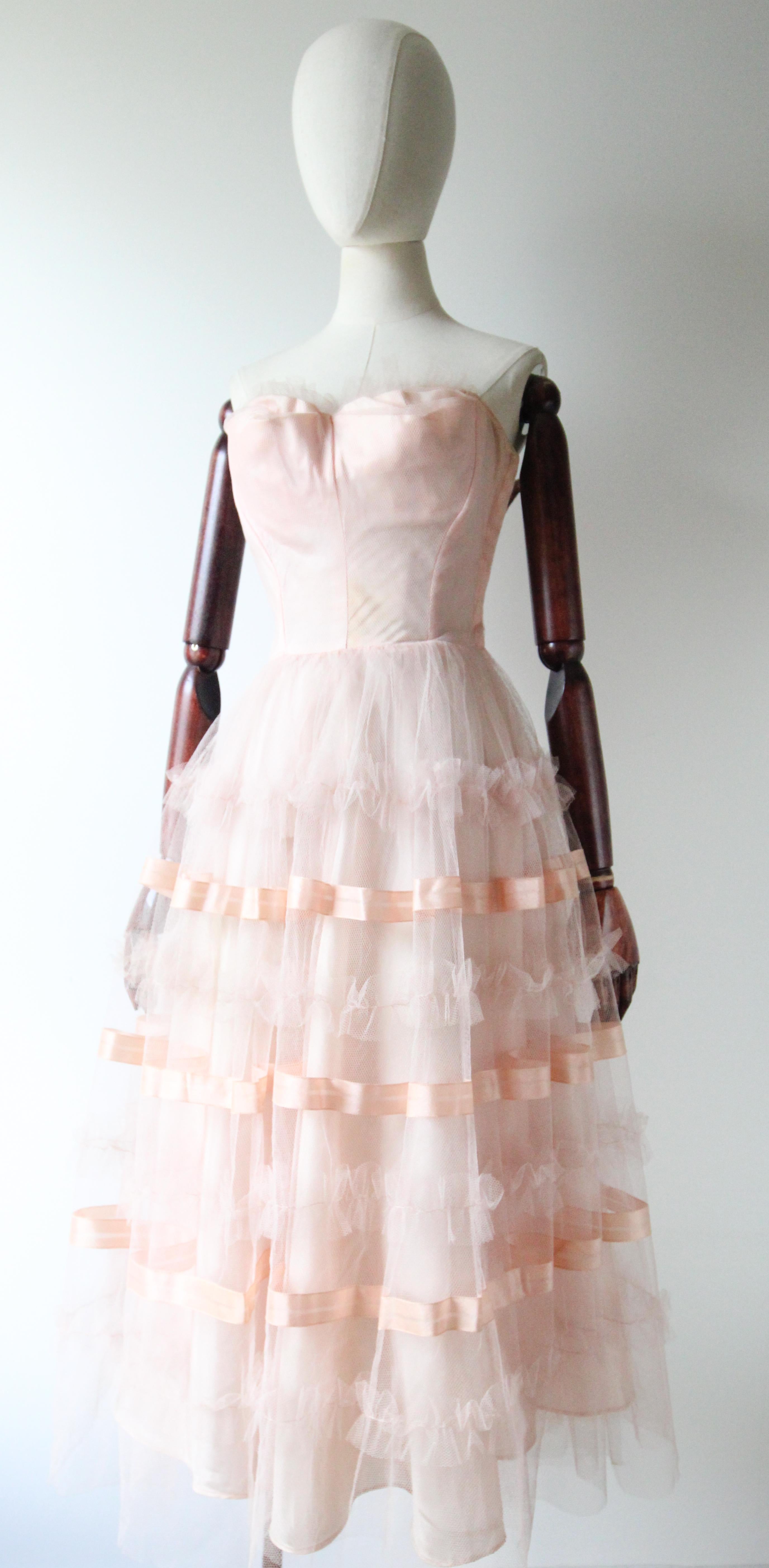 Women's or Men's Vintage 1950's Pink Tulle Strapless Dress Satin Ribbon Pink Dress UK 6 US 2 For Sale
