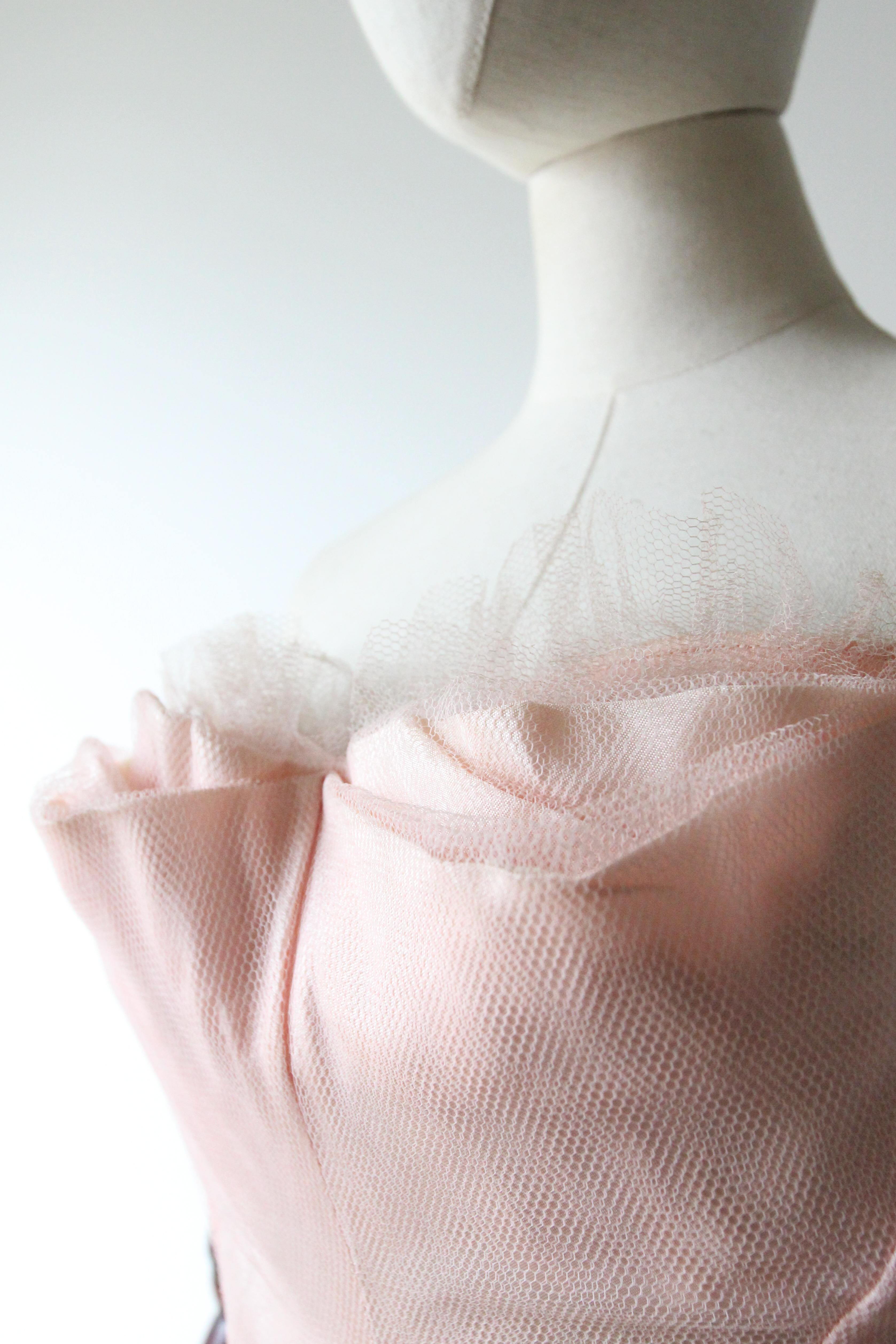 Vintage 1950's Pink Tulle Strapless Dress Satin Ribbon Pink Dress UK 6 US 2 For Sale 2