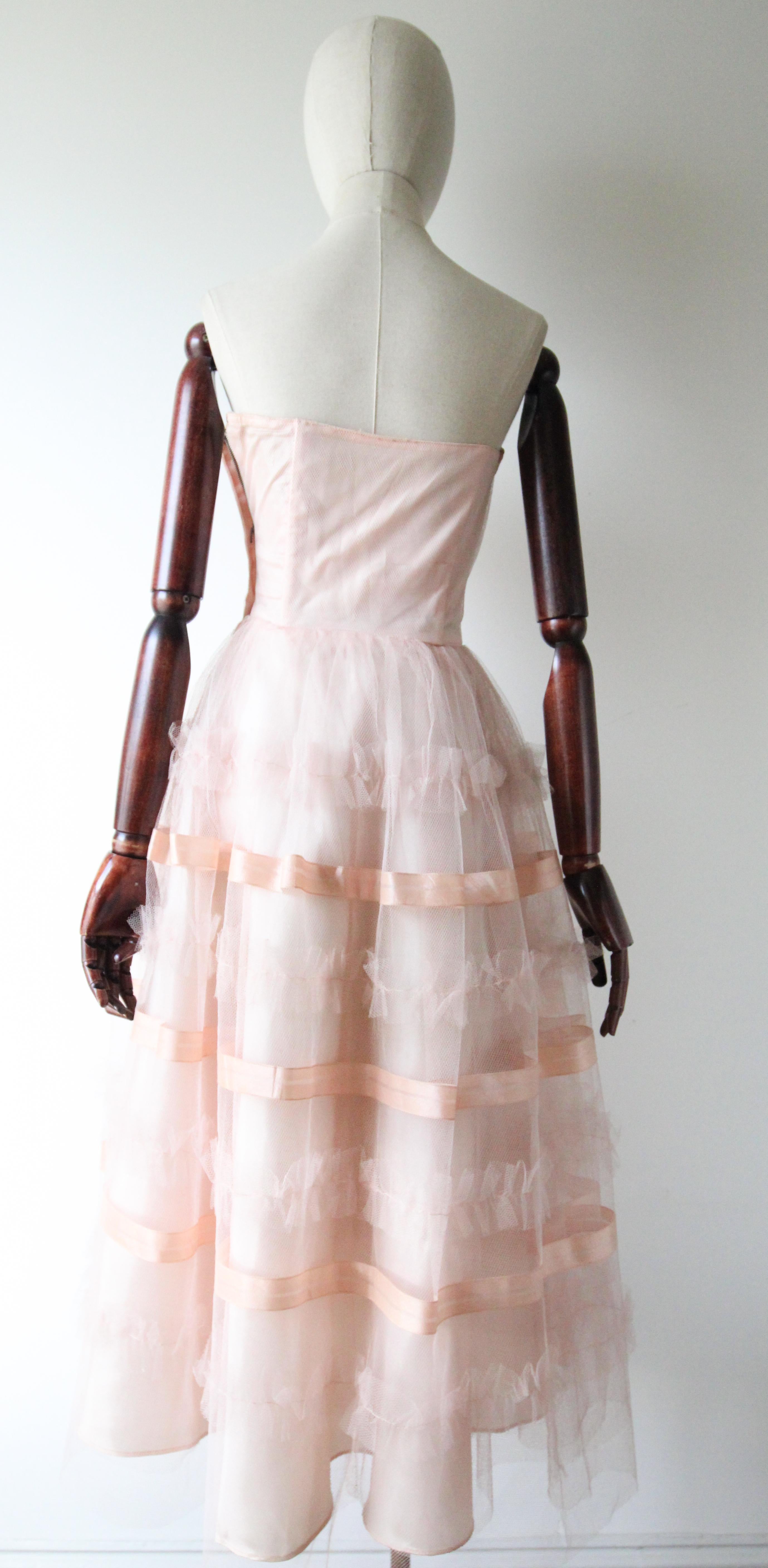 Vintage 1950's Pink Tulle Strapless Dress Satin Ribbon Pink Dress UK 6 US 2 For Sale 3