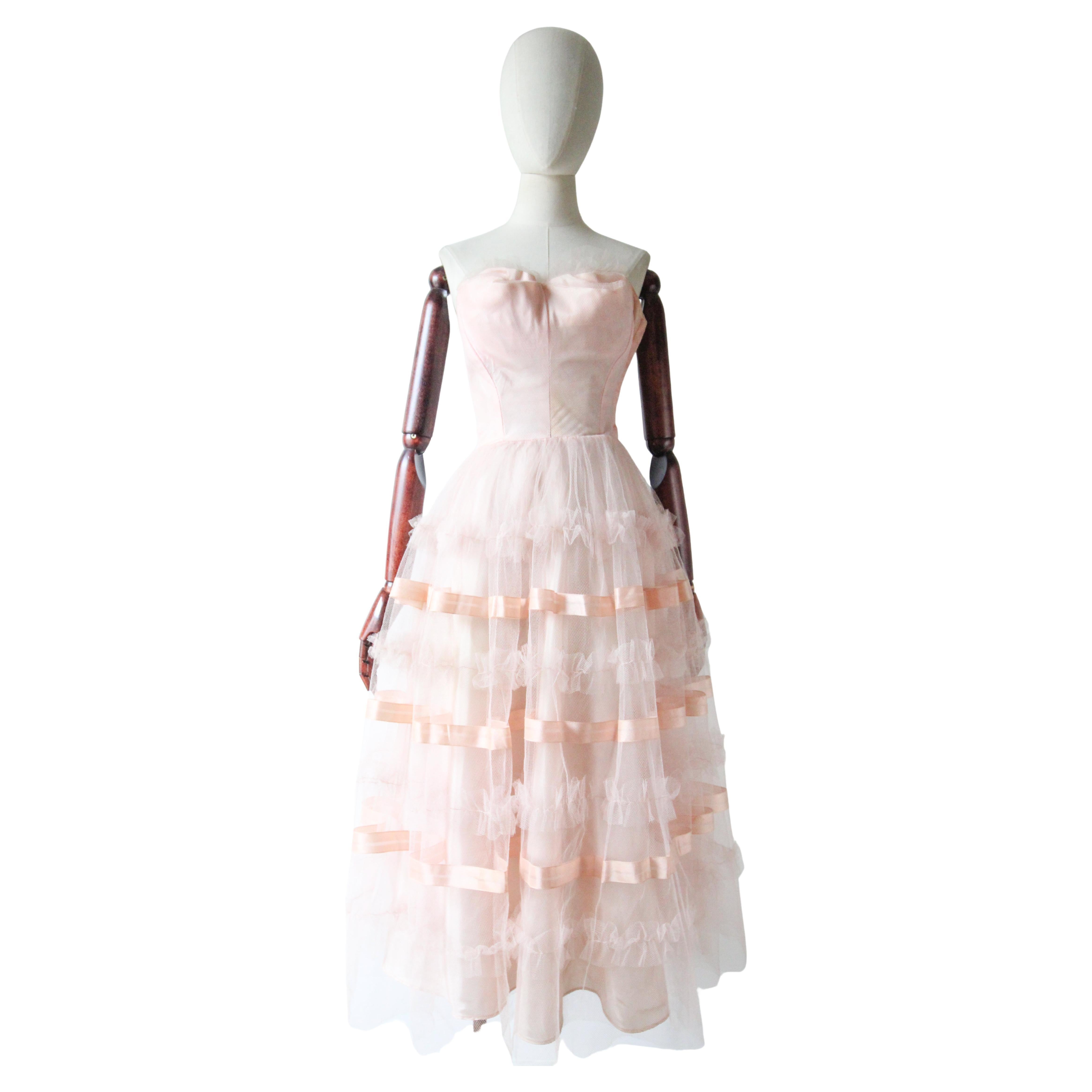 Vintage 1950's Pink Tulle Strapless Dress Satin Ribbon Pink Dress UK 6 US 2 For Sale