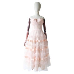 Vintage 1950's Pink Tulle Strapless Dress Satin Ribbon Pink Dress UK 6 US 2