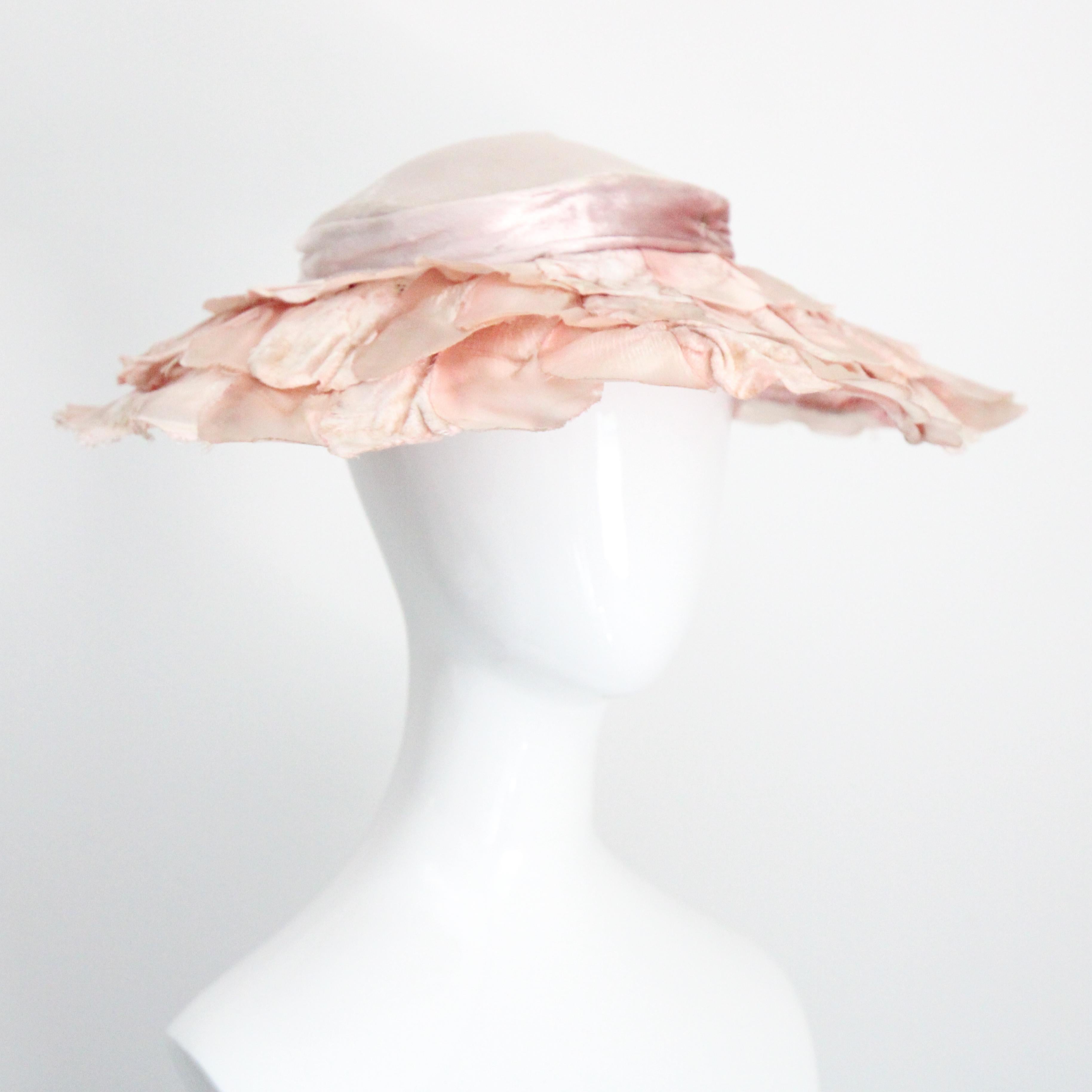 Gray Vintage 1950's Pink Velvet Saucer hat 1950s wide Brim pink petal sun hat