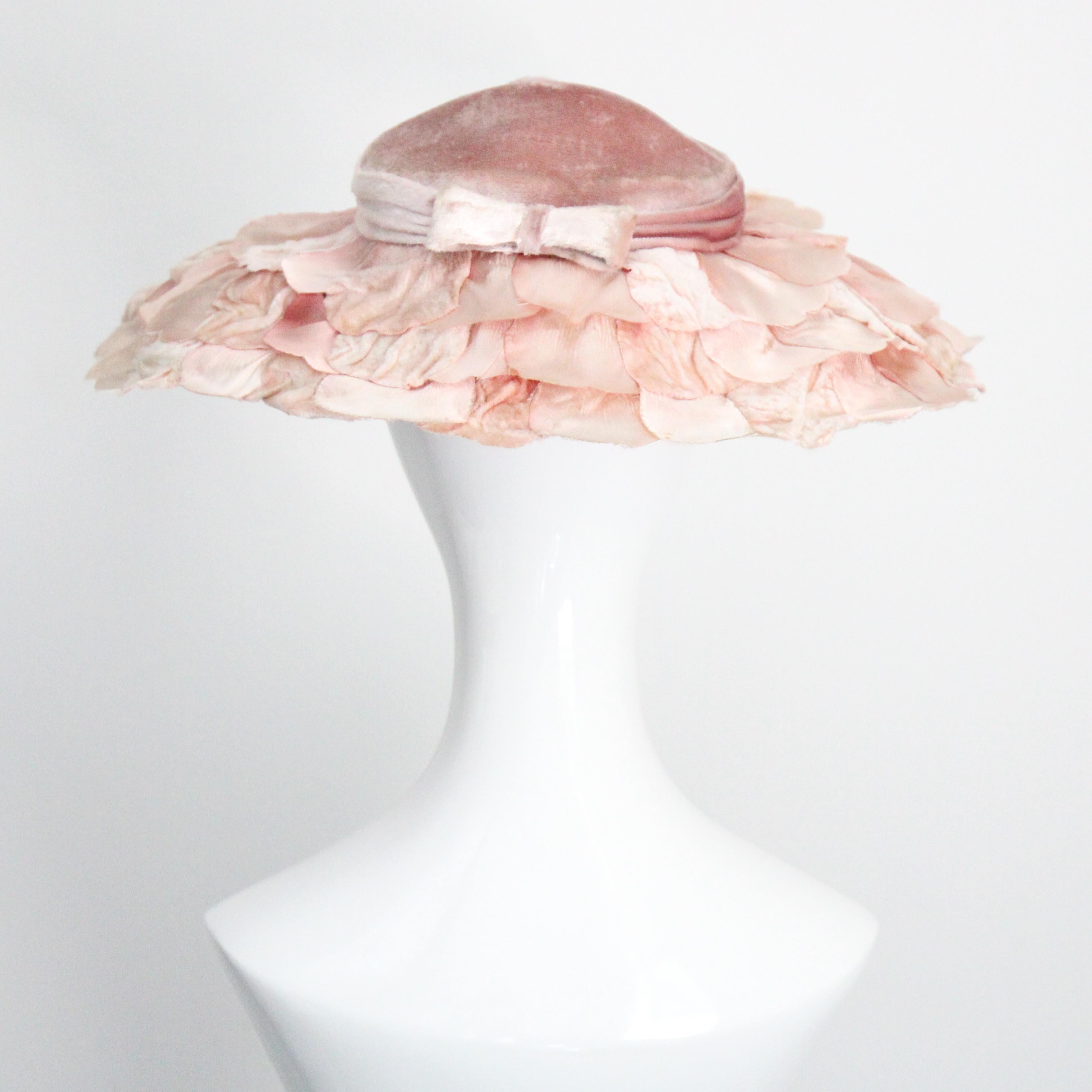 Vintage 1950's Pink Velvet Saucer hat 1950s wide Brim pink petal sun hat 1