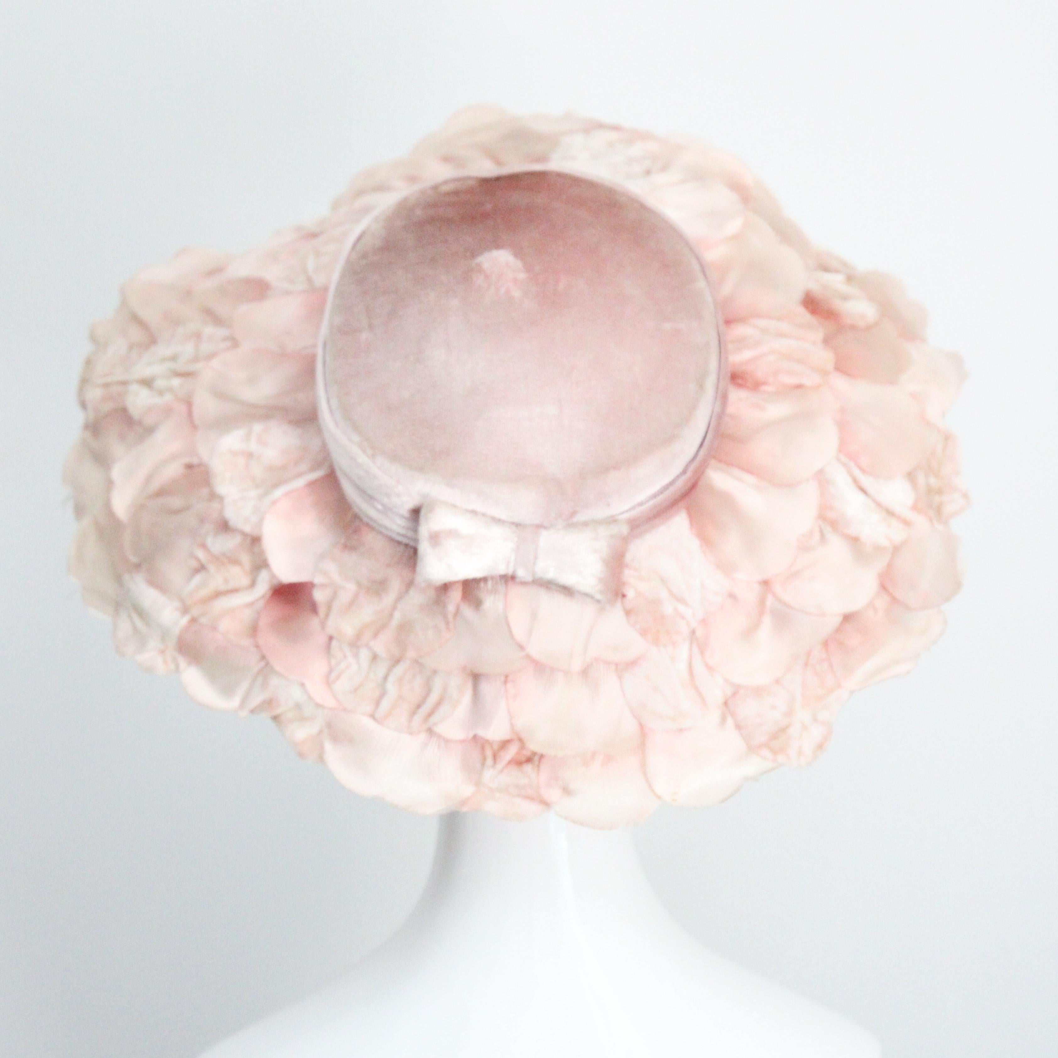 Vintage 1950's Pink Velvet Saucer hat 1950s wide Brim pink petal sun hat 2