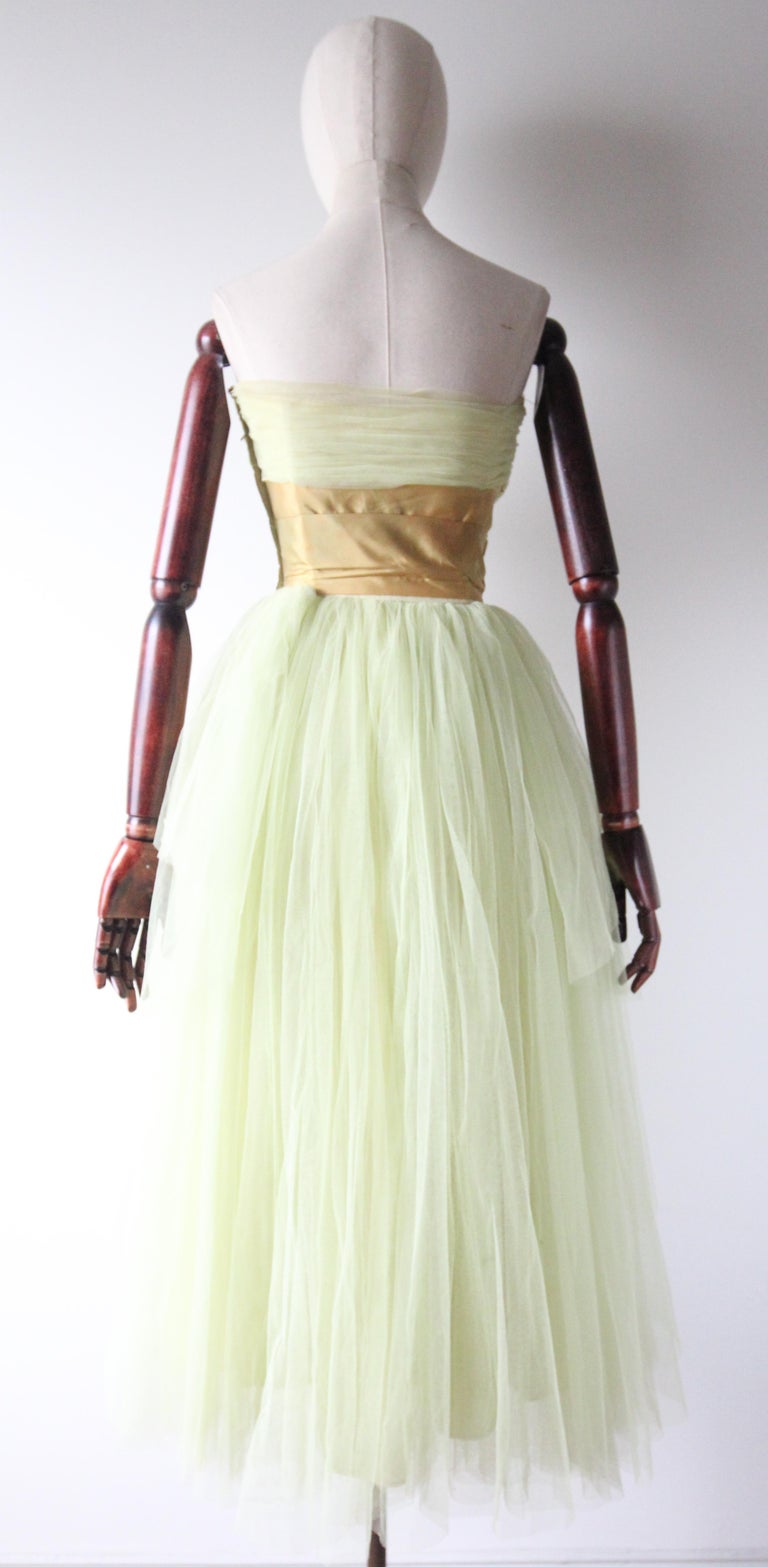 Vintage 1950's Pistachio Green Tulle Dress Strapless Sweetheart Neckline UK 6