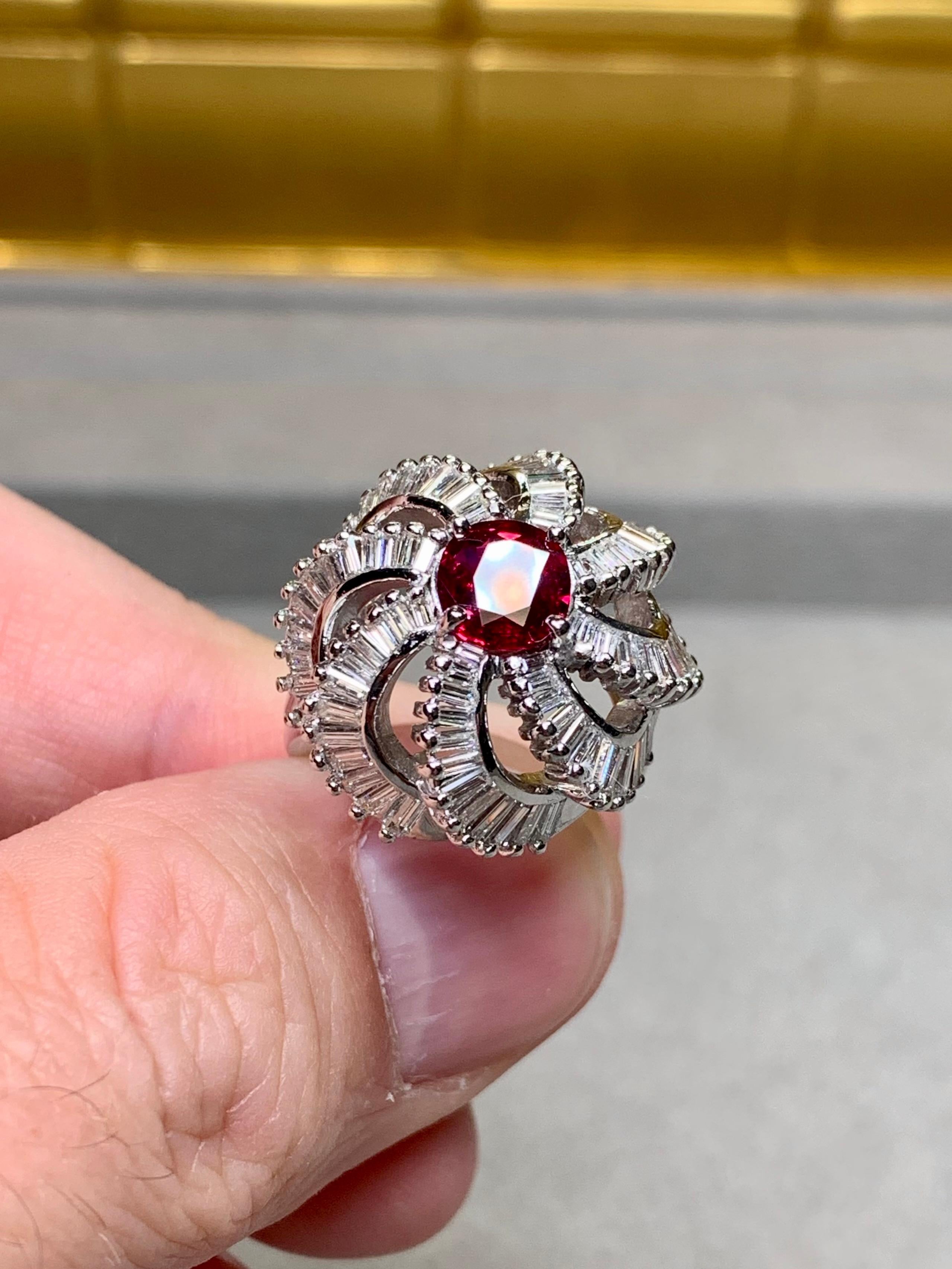 Vintage 1950’s Platinum Baguette Diamond Ruby Spiral Cocktail Ring 5.03ctw GIA For Sale 4
