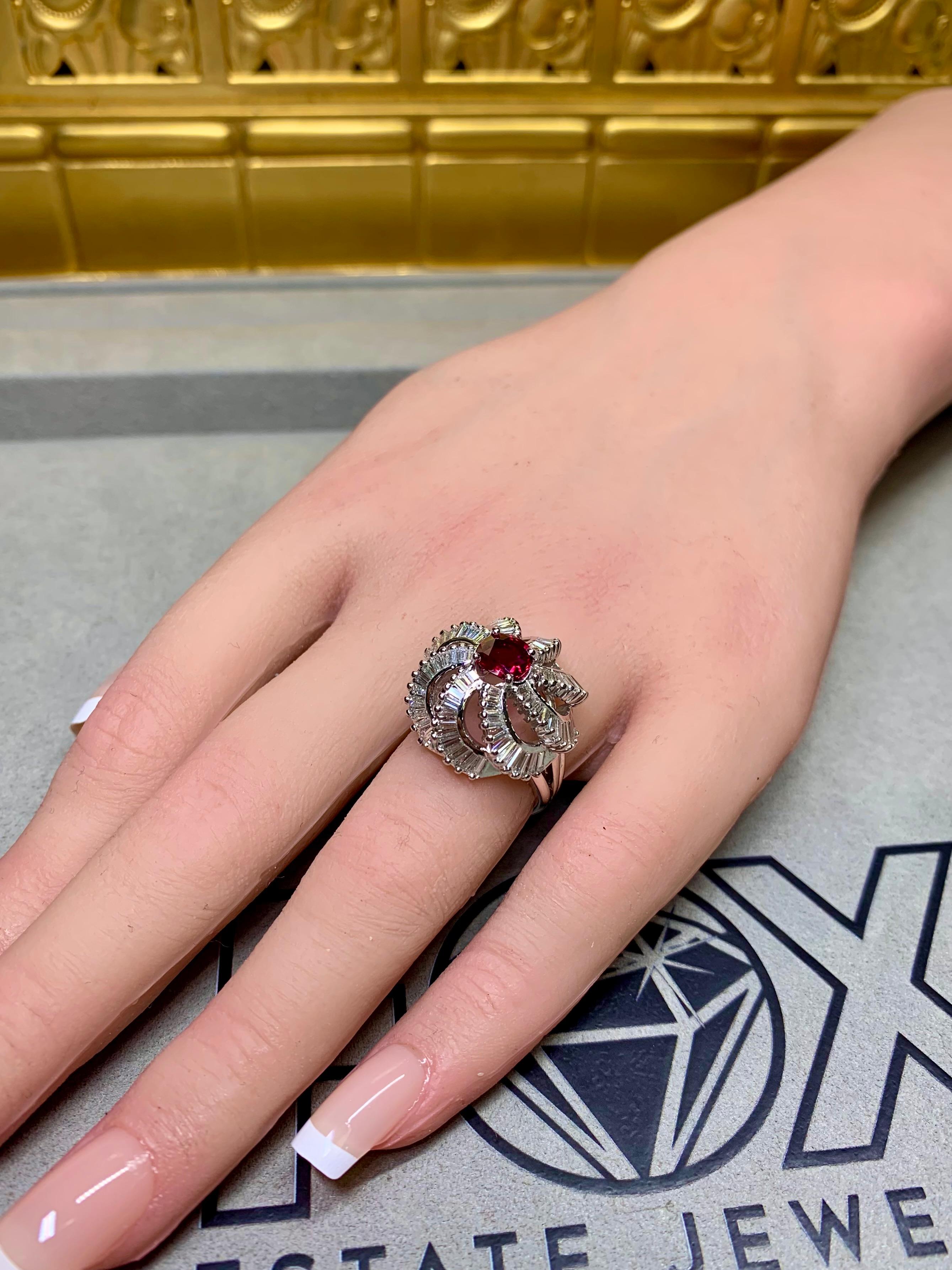 Vintage 1950’s Platinum Baguette Diamond Ruby Spiral Cocktail Ring 5.03ctw GIA For Sale 5