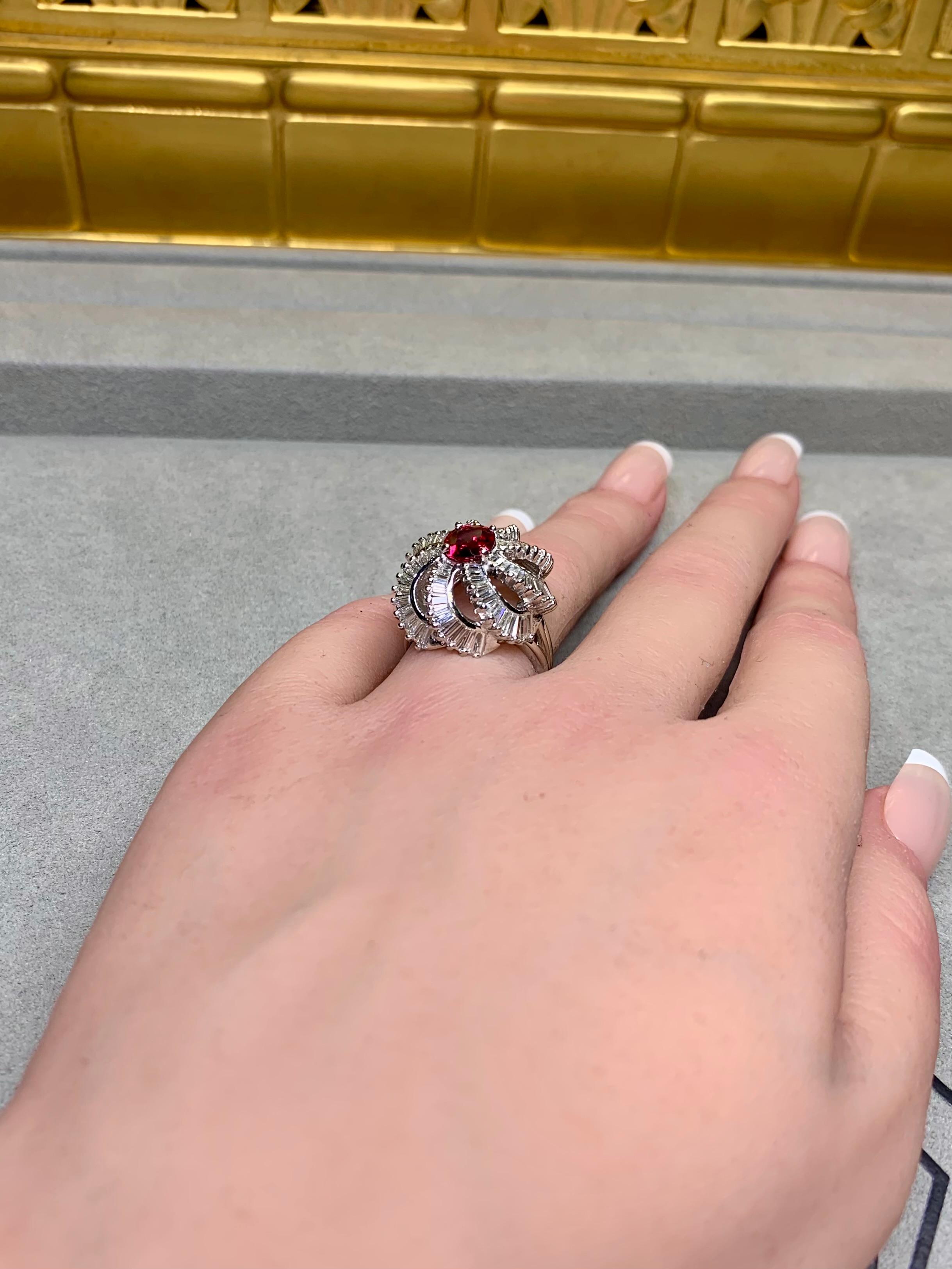 Vintage 1950’s Platinum Baguette Diamond Ruby Spiral Cocktail Ring 5.03ctw GIA For Sale 6