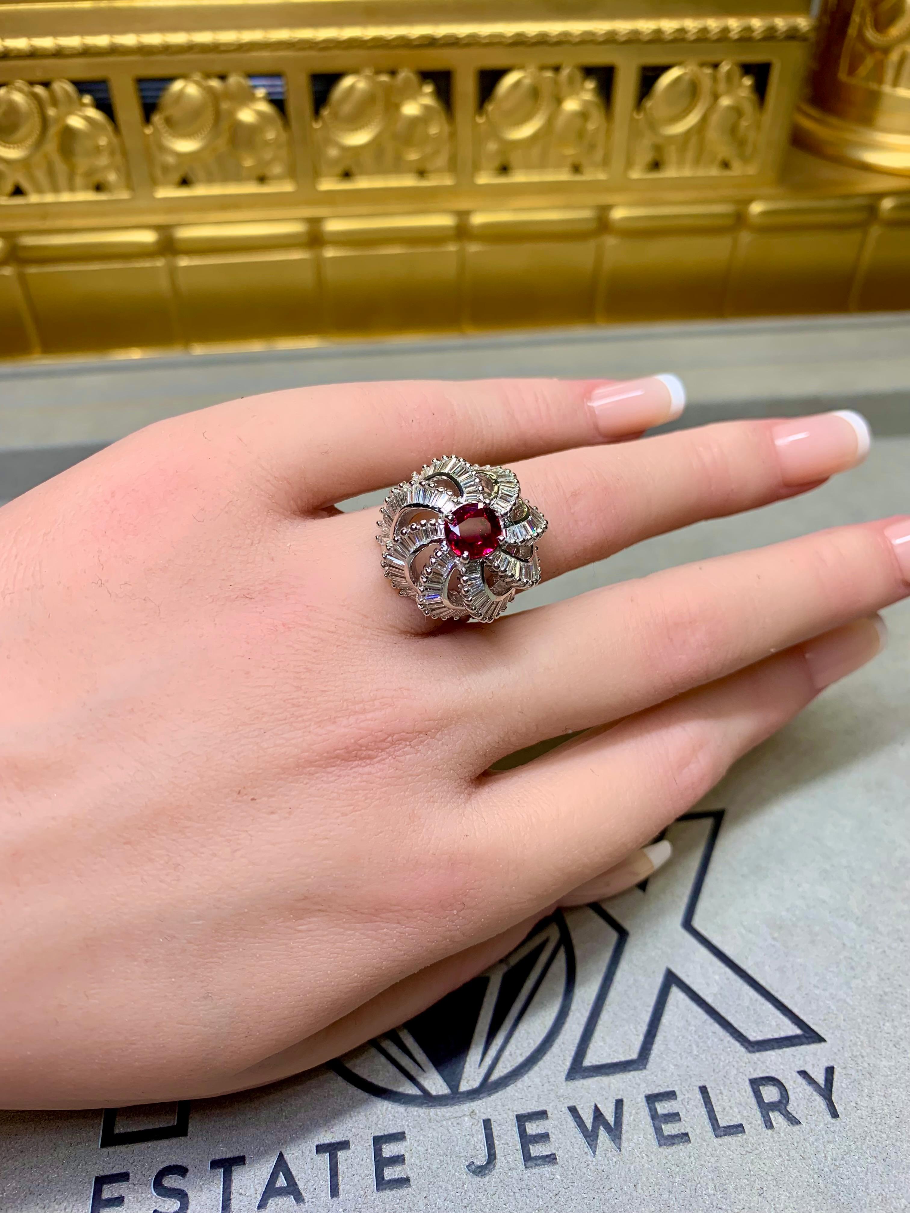 Vintage 1950’s Platinum Baguette Diamond Ruby Spiral Cocktail Ring 5.03ctw GIA For Sale 7