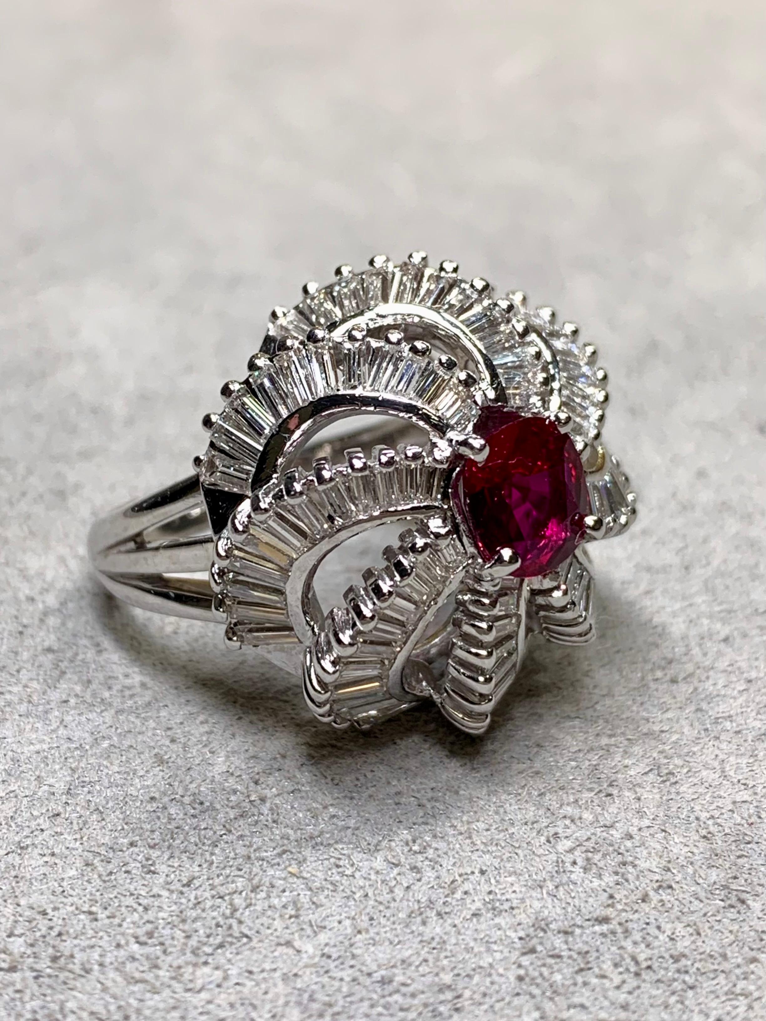 Retro Vintage 1950’s Platinum Baguette Diamond Ruby Spiral Cocktail Ring 5.03ctw GIA For Sale