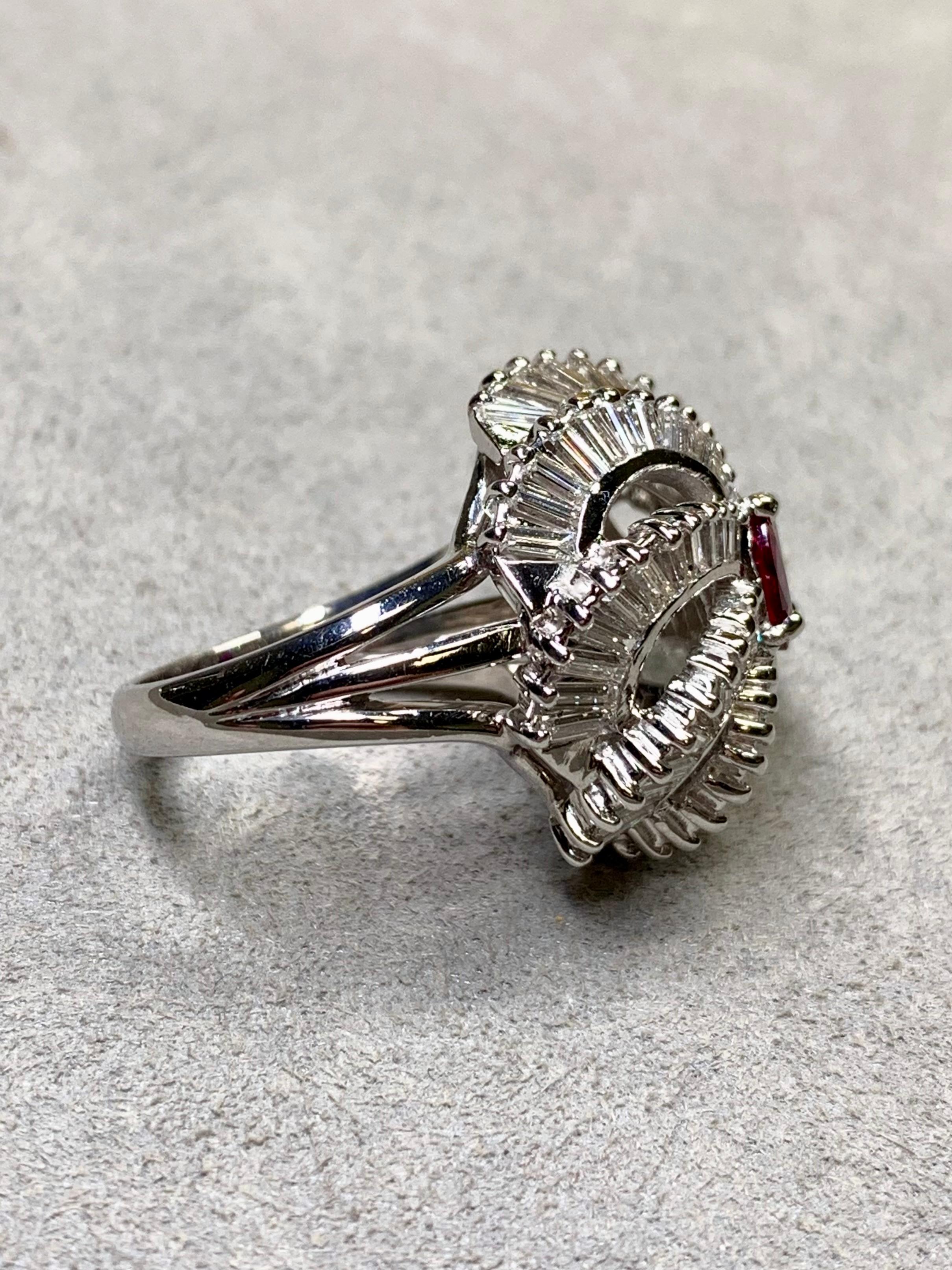 Baguette Cut Vintage 1950’s Platinum Baguette Diamond Ruby Spiral Cocktail Ring 5.03ctw GIA For Sale