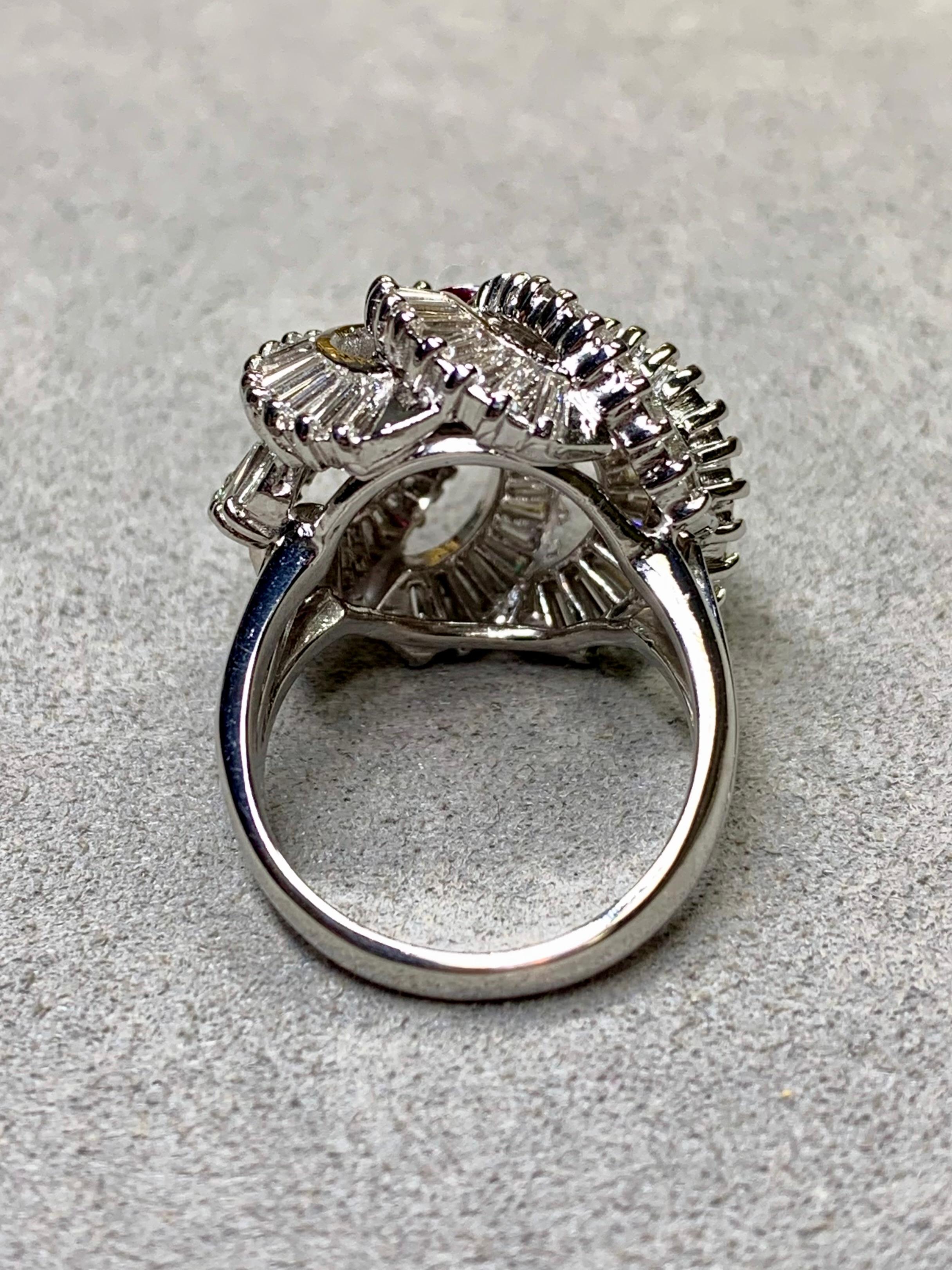 Vintage 1950’s Platinum Baguette Diamond Ruby Spiral Cocktail Ring 5.03ctw GIA In Excellent Condition For Sale In Winter Springs, FL