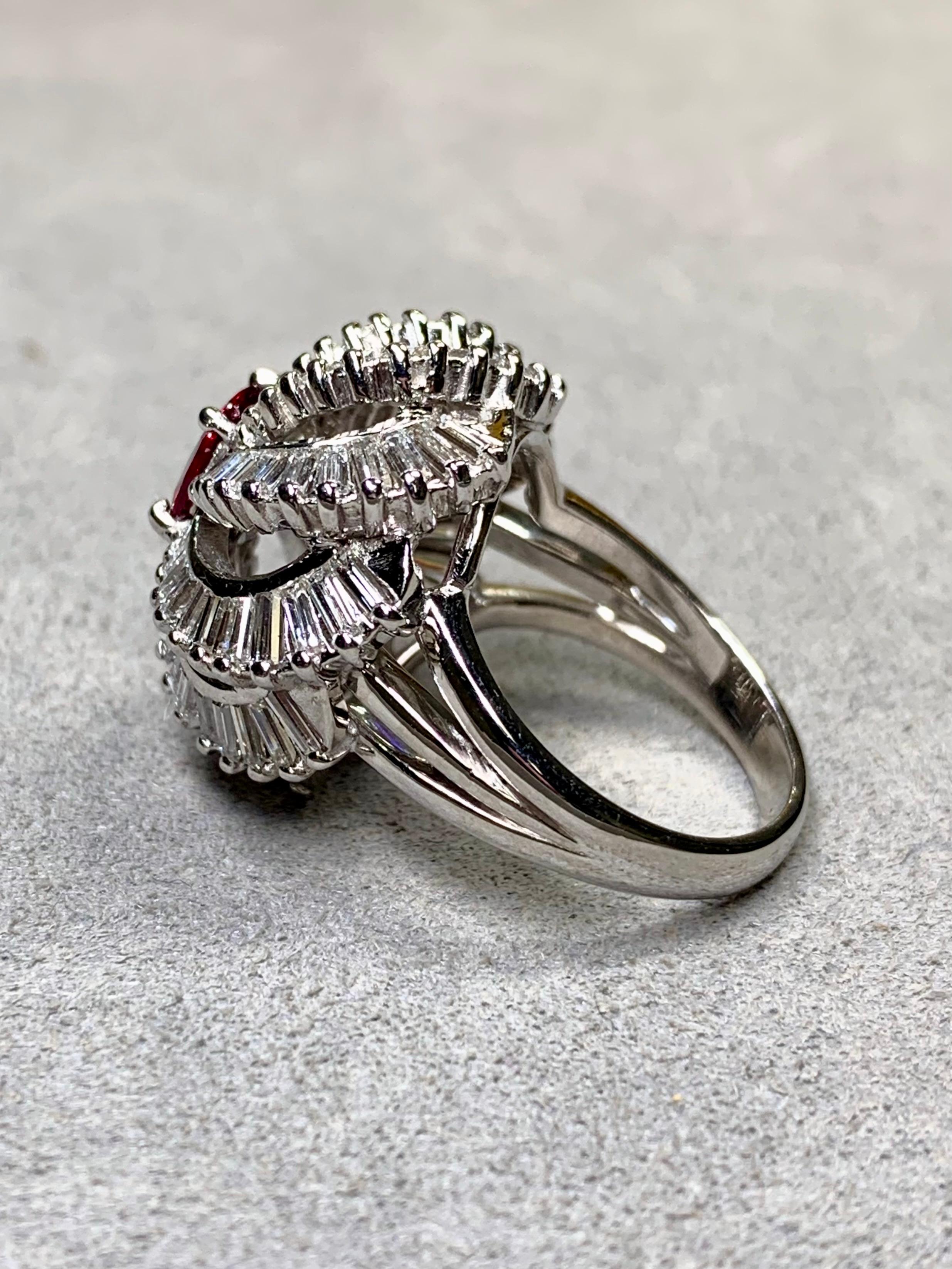 Women's or Men's Vintage 1950’s Platinum Baguette Diamond Ruby Spiral Cocktail Ring 5.03ctw GIA For Sale