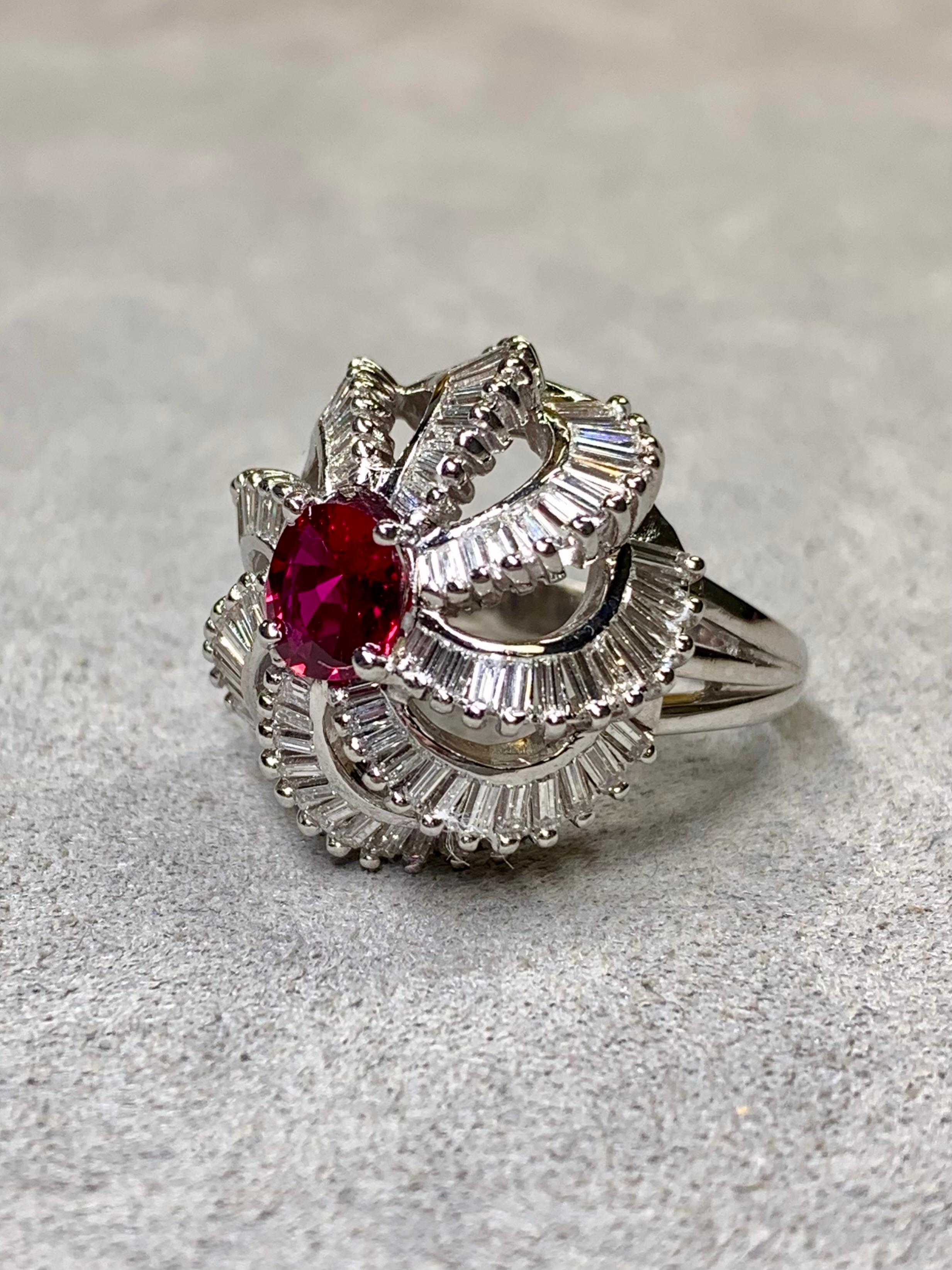 Vintage 1950’s Platinum Baguette Diamond Ruby Spiral Cocktail Ring 5.03ctw GIA For Sale 1