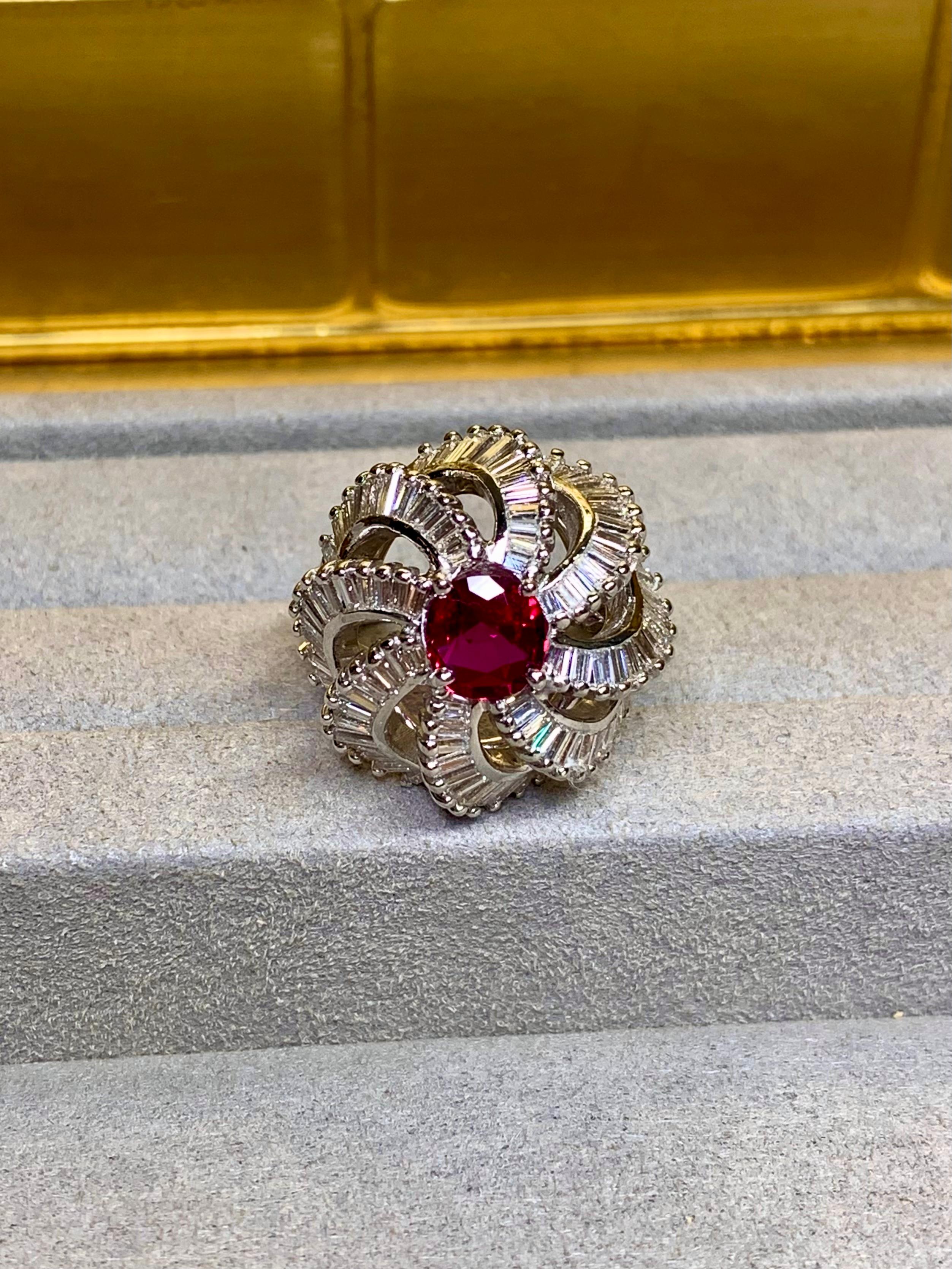 Vintage 1950’s Platinum Baguette Diamond Ruby Spiral Cocktail Ring 5.03ctw GIA For Sale 2