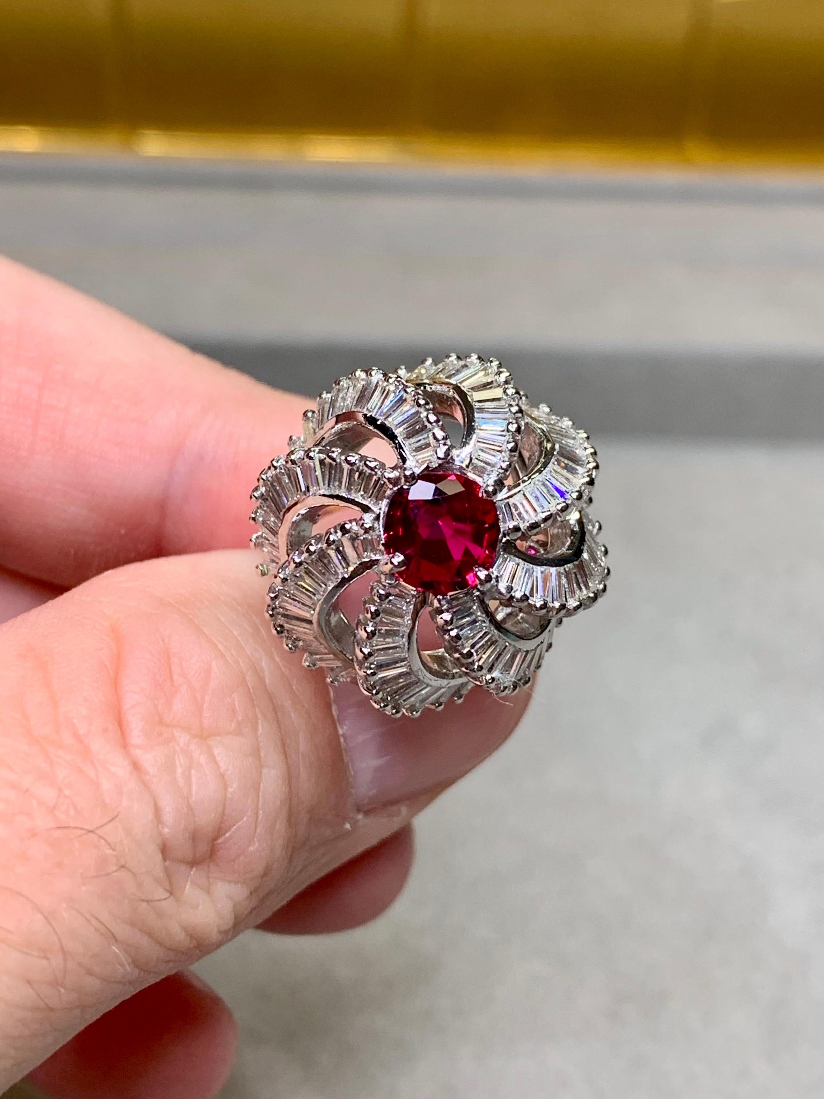 Vintage 1950’s Platinum Baguette Diamond Ruby Spiral Cocktail Ring 5.03ctw GIA For Sale 3