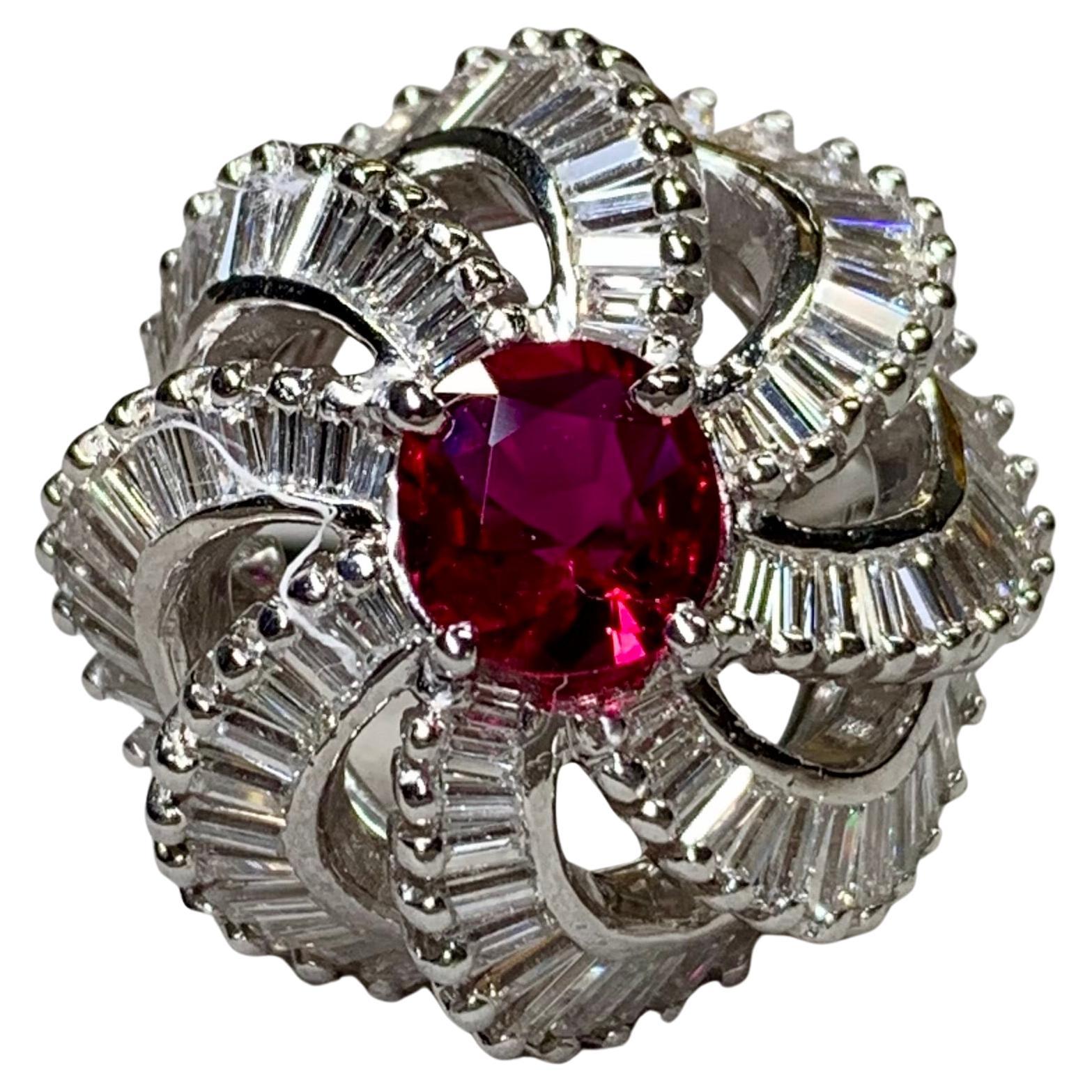 Vintage 1950's Platin Baguette Diamant Rubin Spirale Cocktail Ring 5,03ctw GIA