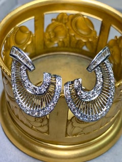 Vintage 1950’s Platinum Baguette European Cut Diamond J Huggie Earrings 4.30ctw