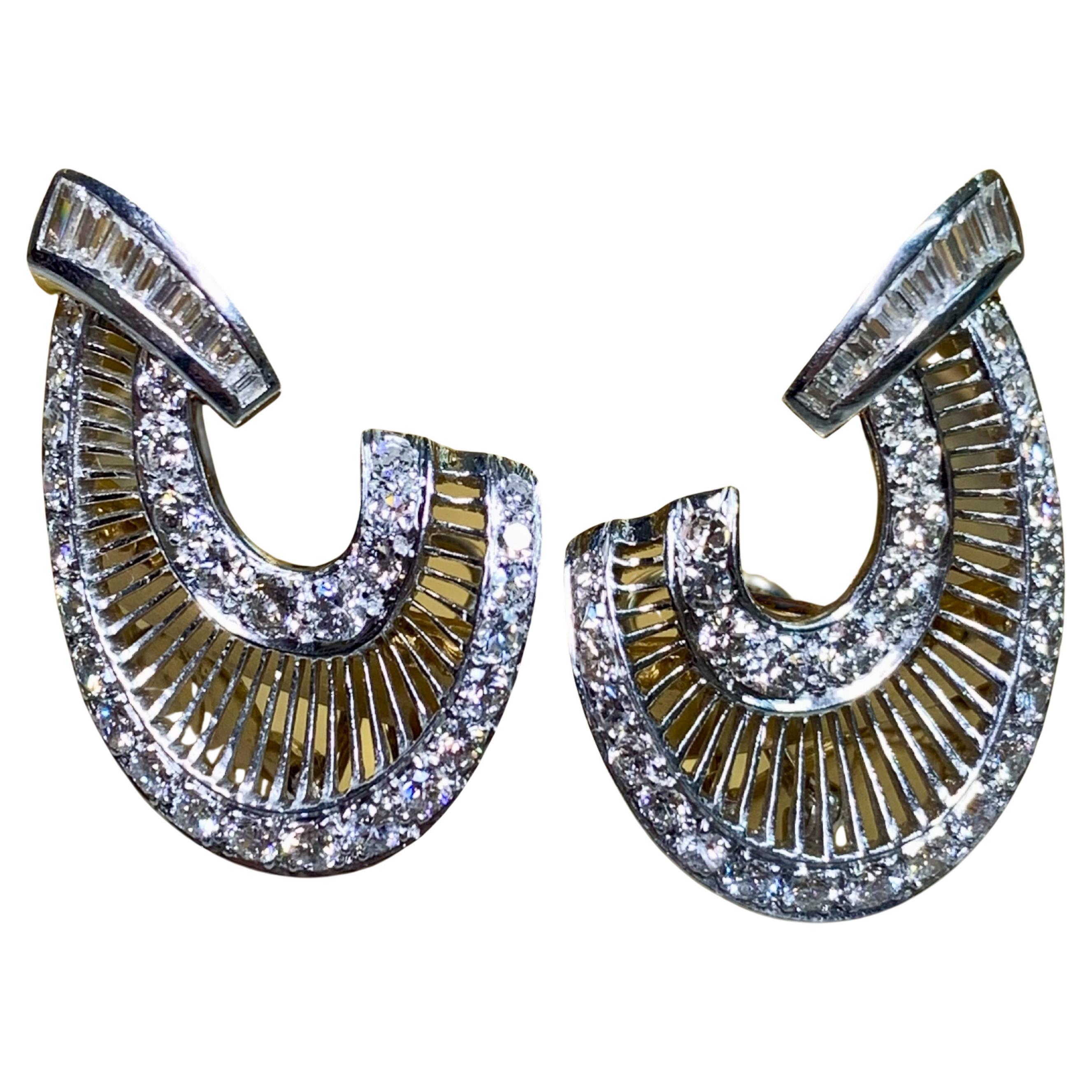 Vintage 1950’s Platinum Baguette European Cut Diamond J Huggie Earrings 4.30ctw For Sale