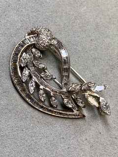 Vintage 1950’s Platinum Baguette Marquise Diamond Paisley Leaf Brooch 7ctw