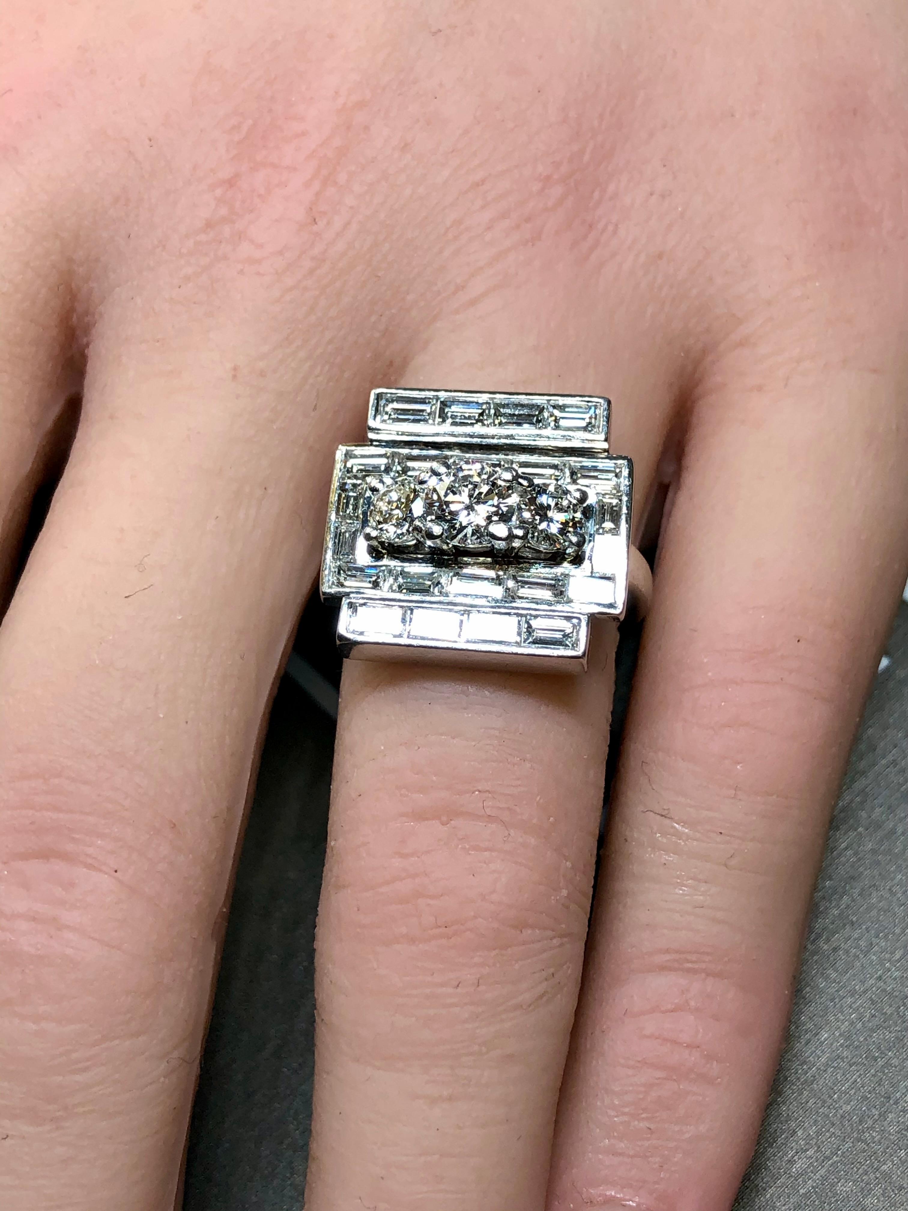 Vintage 1950’s Platinum Baguette Round Diamond Flat Angular Cocktail Ring For Sale 4