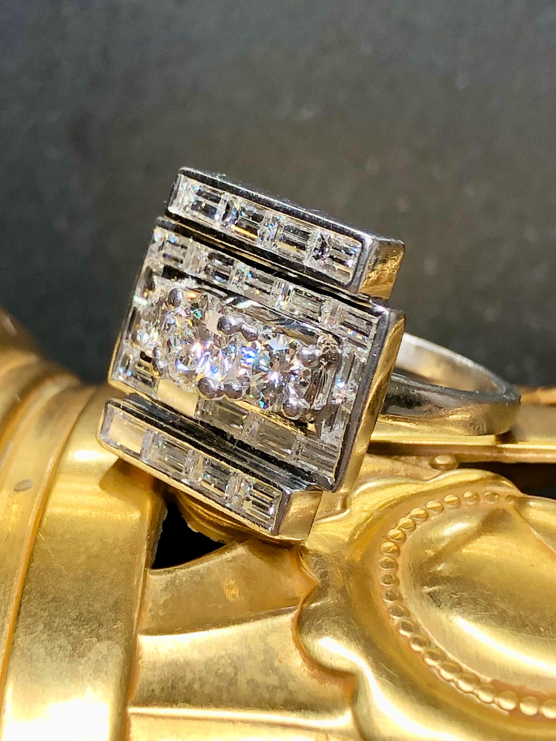 Retro Vintage 1950’s Platinum Baguette Round Diamond Flat Angular Cocktail Ring For Sale
